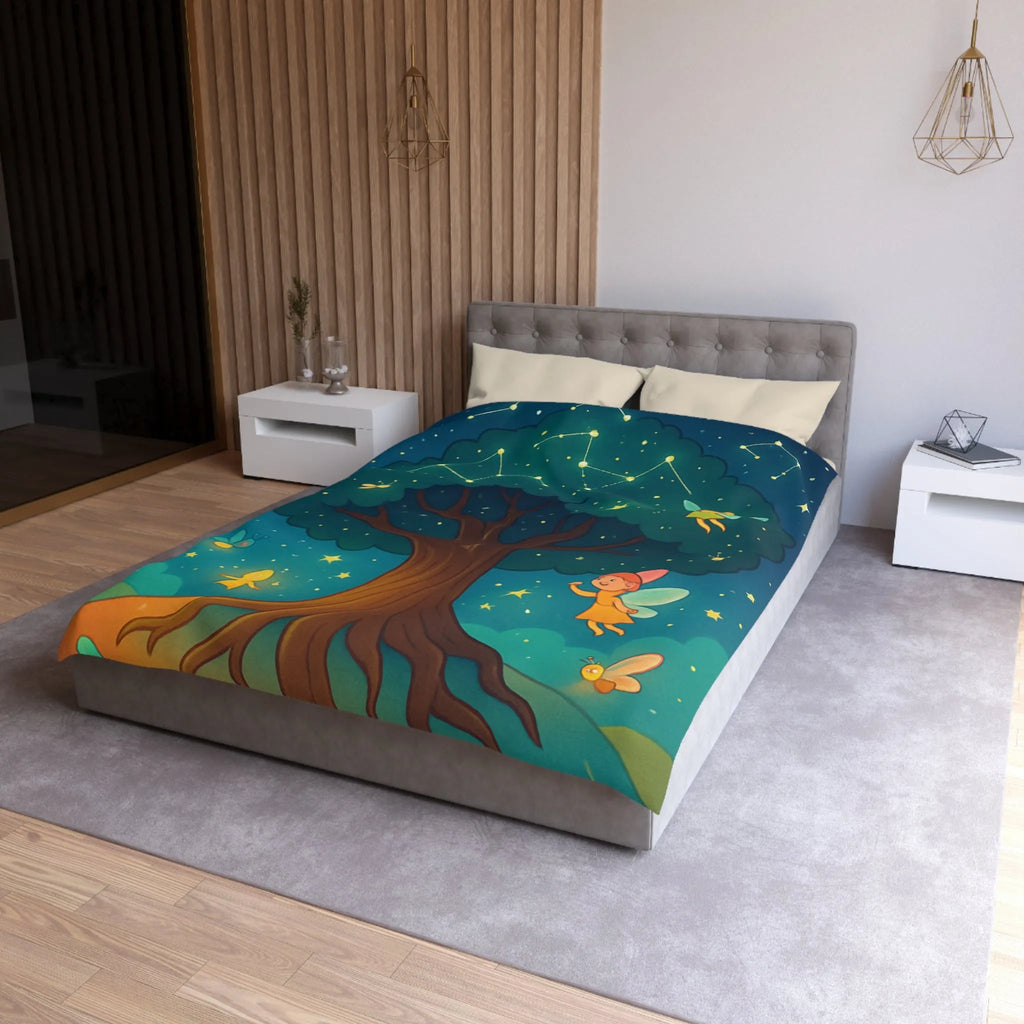 Housse de couette féérique avec arbre enchanté et fées sous les constellations étoilées