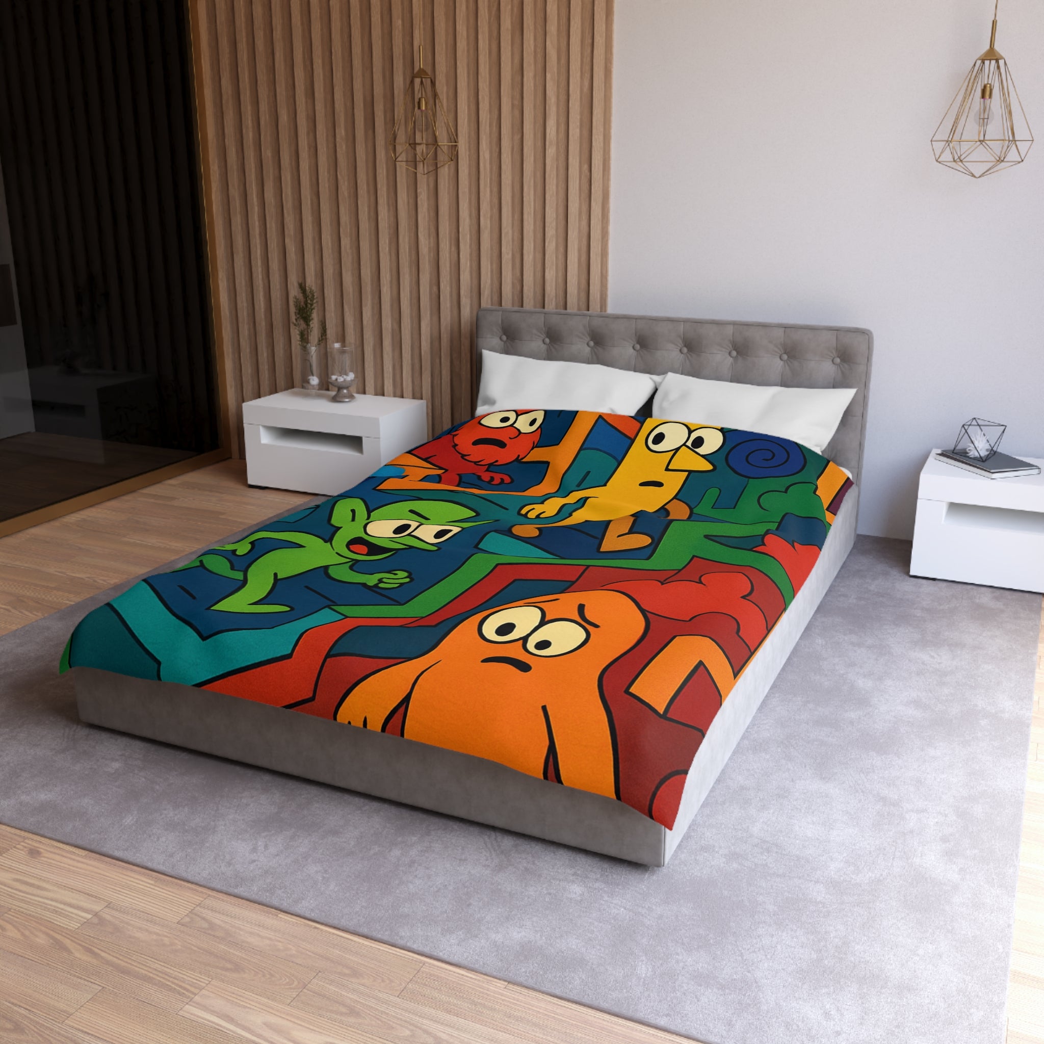 Housse de couette multicolore avec labyrinthes et personnages fantaisistes en motifs géométriques