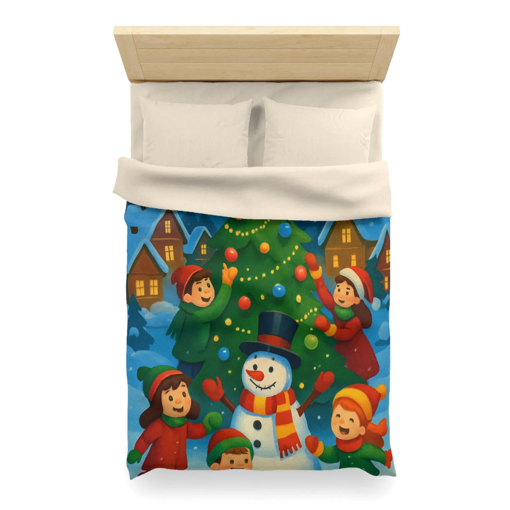 Housse de couette enfants scène festive avec bonhomme de neige et aurore boréale lumineuse