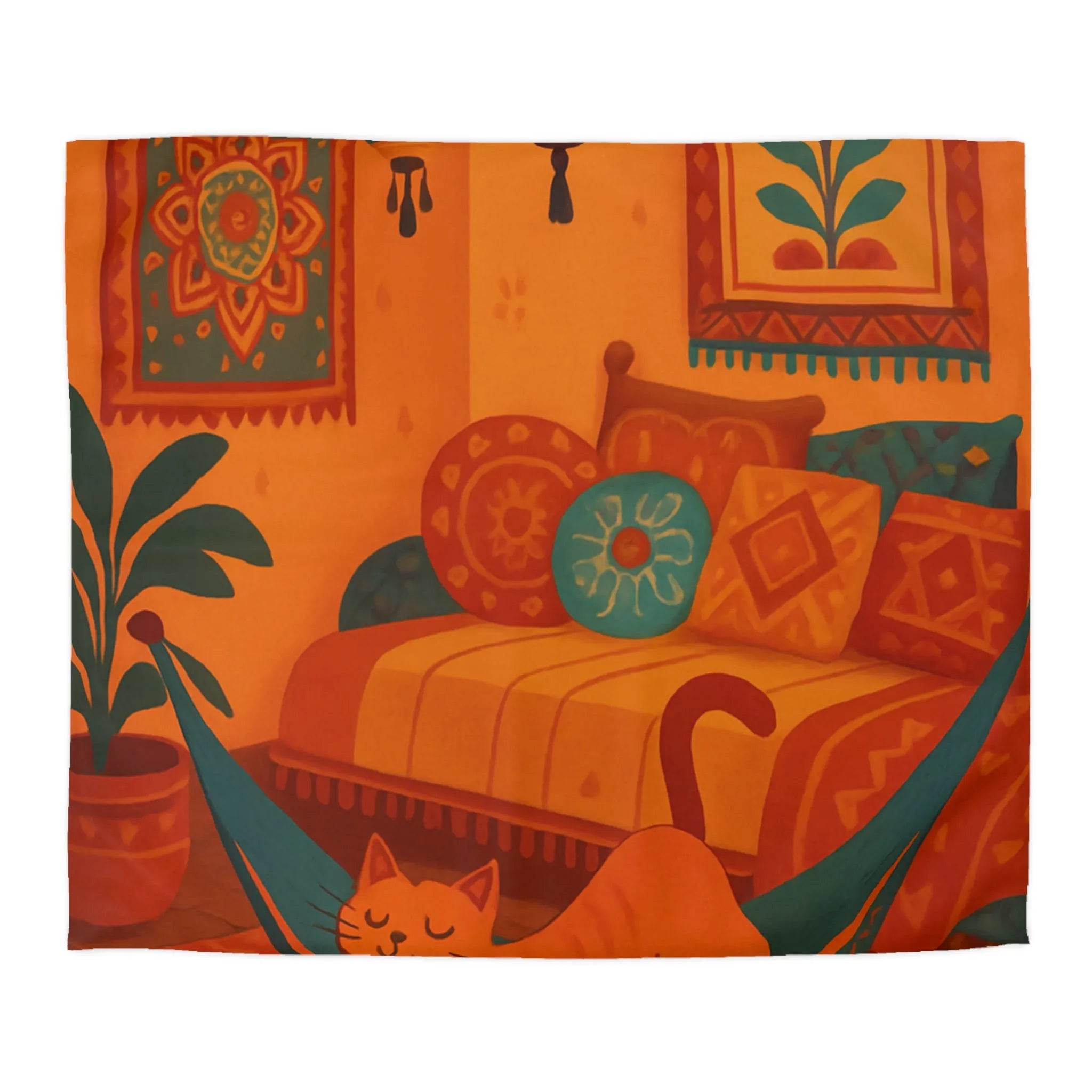 Housse de couette bohème avec motifs mandala et chat dans des tons chauds
