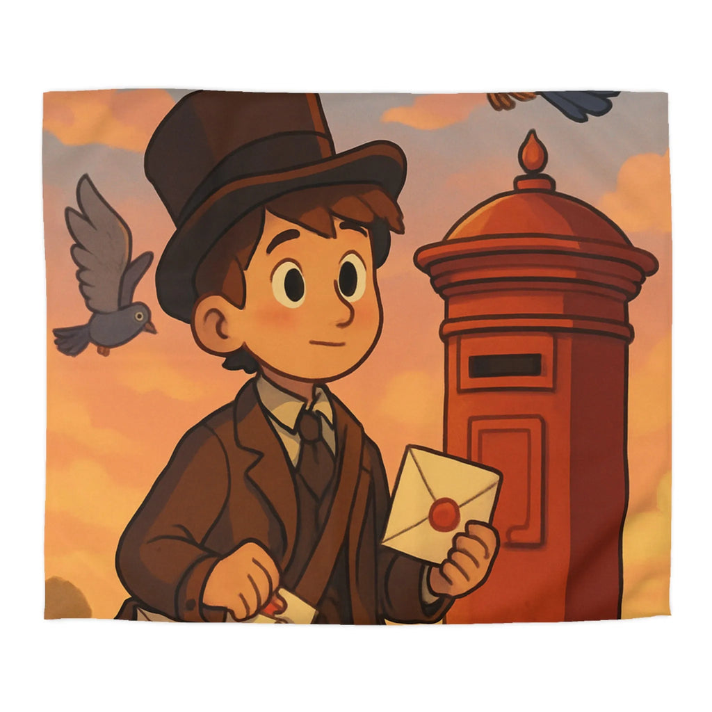 Housse de couette illustrée avec poste vintage et pigeons dans ciel au coucher du soleil