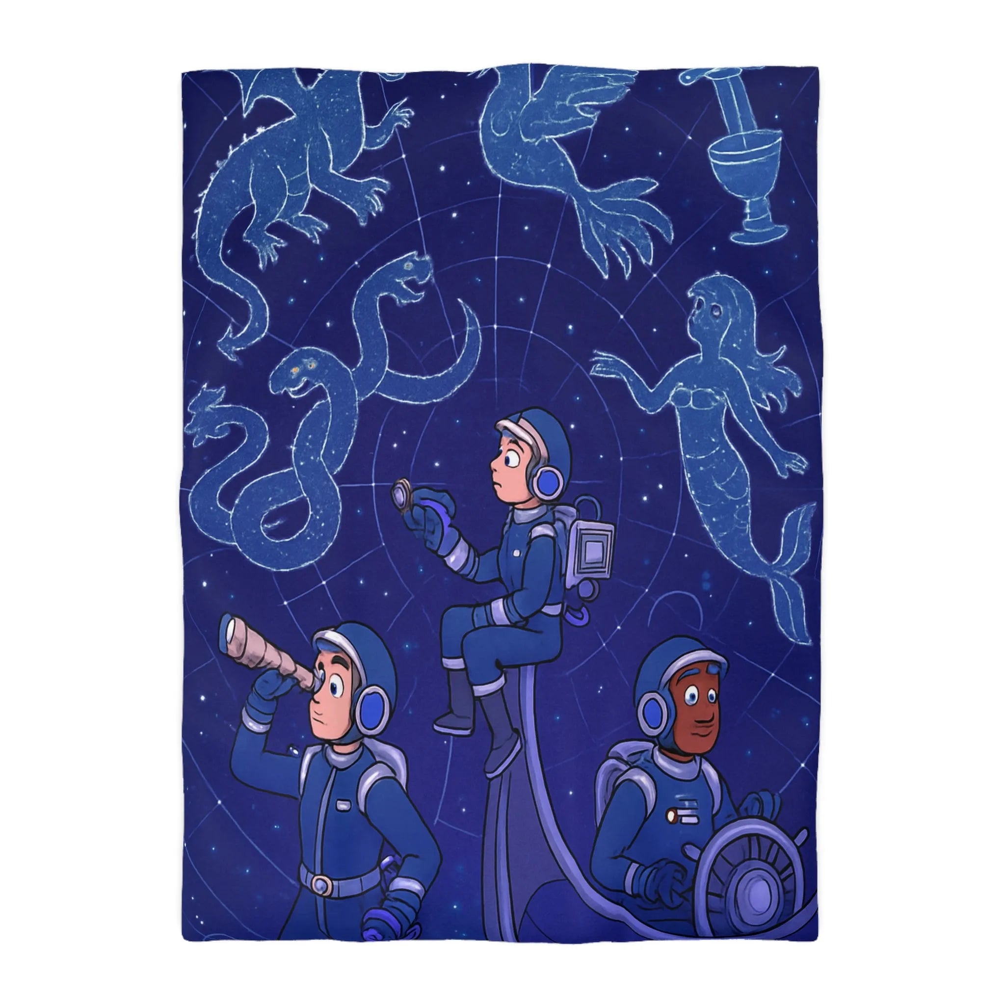 Housse de couette espace enfants avec constellations magiques dragons et sirène.