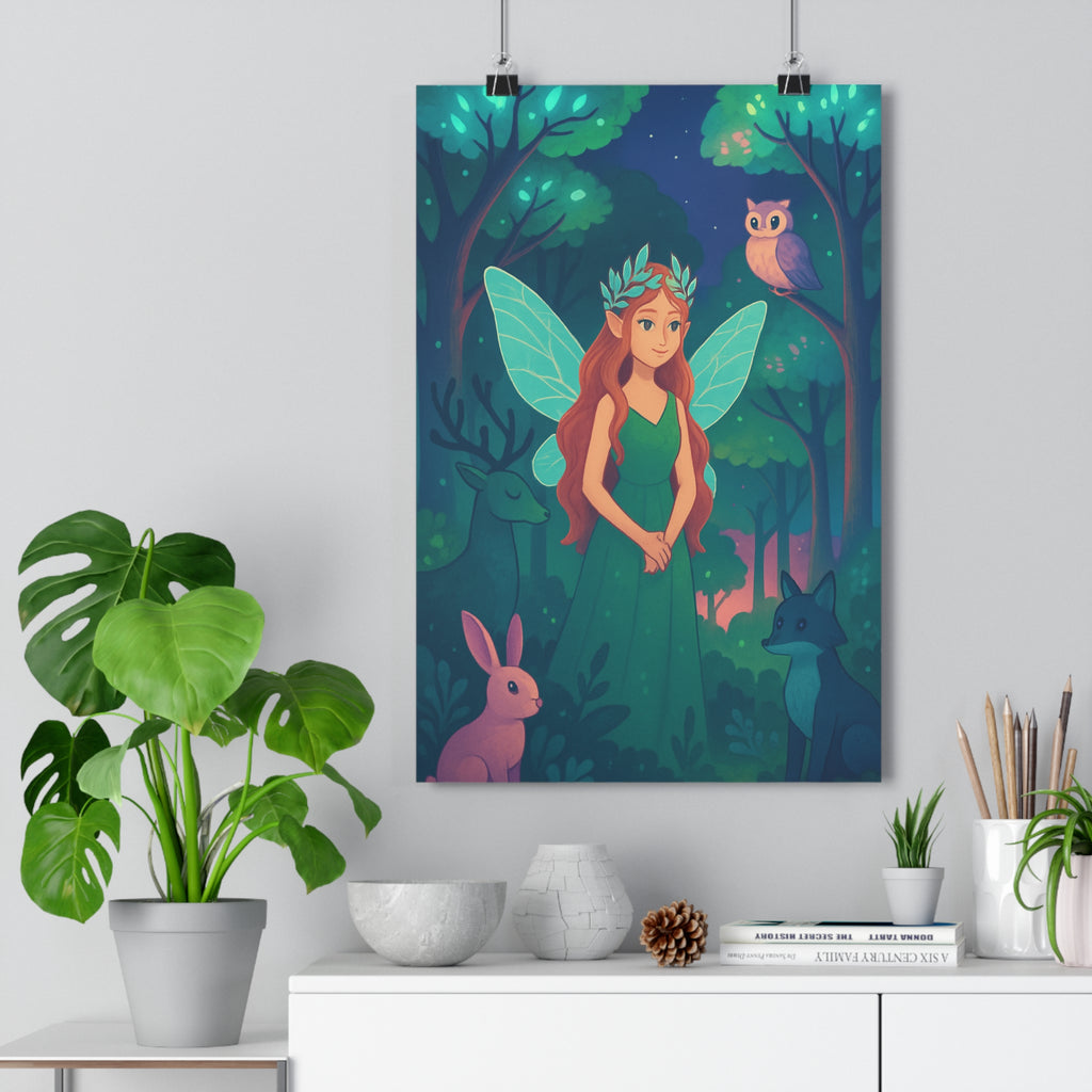 Poster décoratif féerique forêt magique fée lumineuse animaux chambre enfant apaisante couleurs douces fantastique
