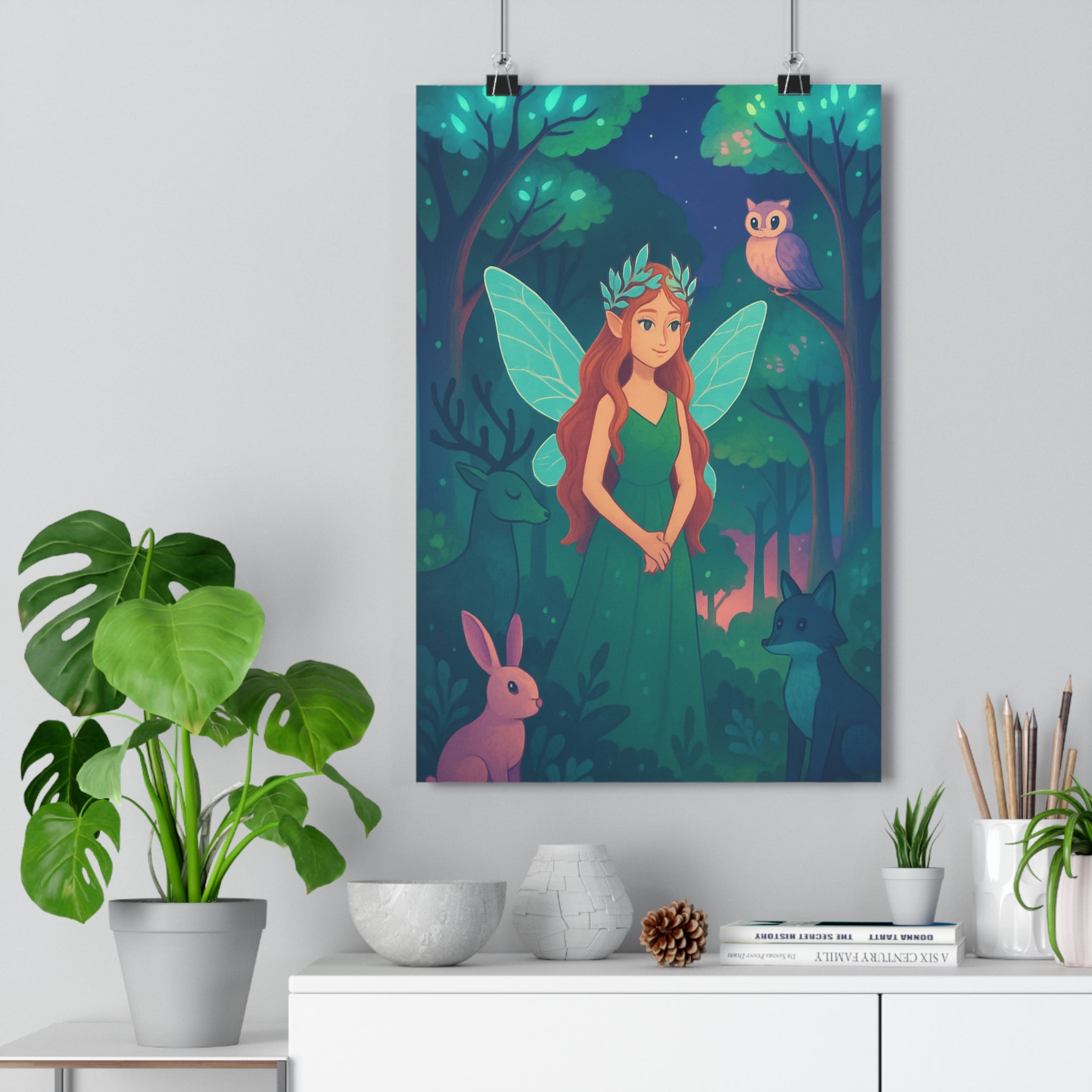 Poster décoratif féerique forêt magique fée lumineuse animaux chambre enfant apaisante couleurs douces fantastique