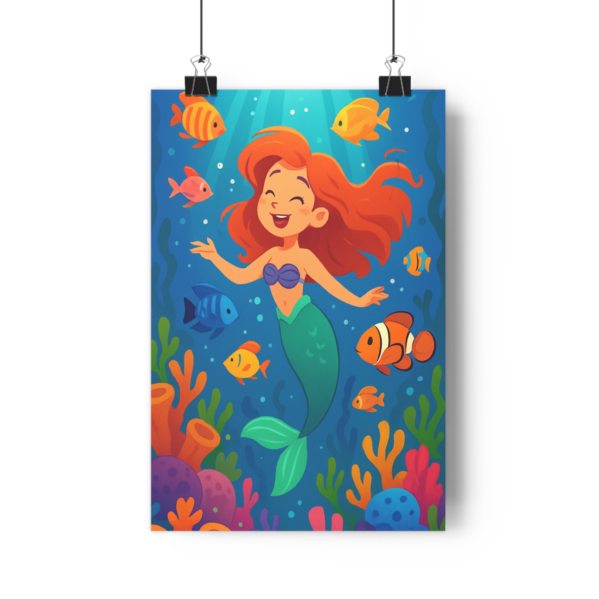 Poster décoratif coloré dessin animé enfant mystique joyeux sirène coraux vibrant ludique 30x46 chambre