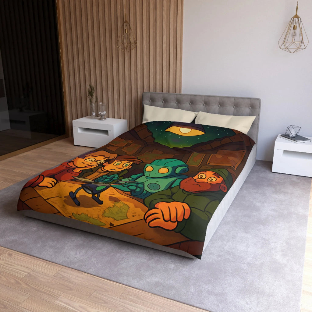 Housse de couette avec scène animée de nuit, stratégie autour de cartes et robot