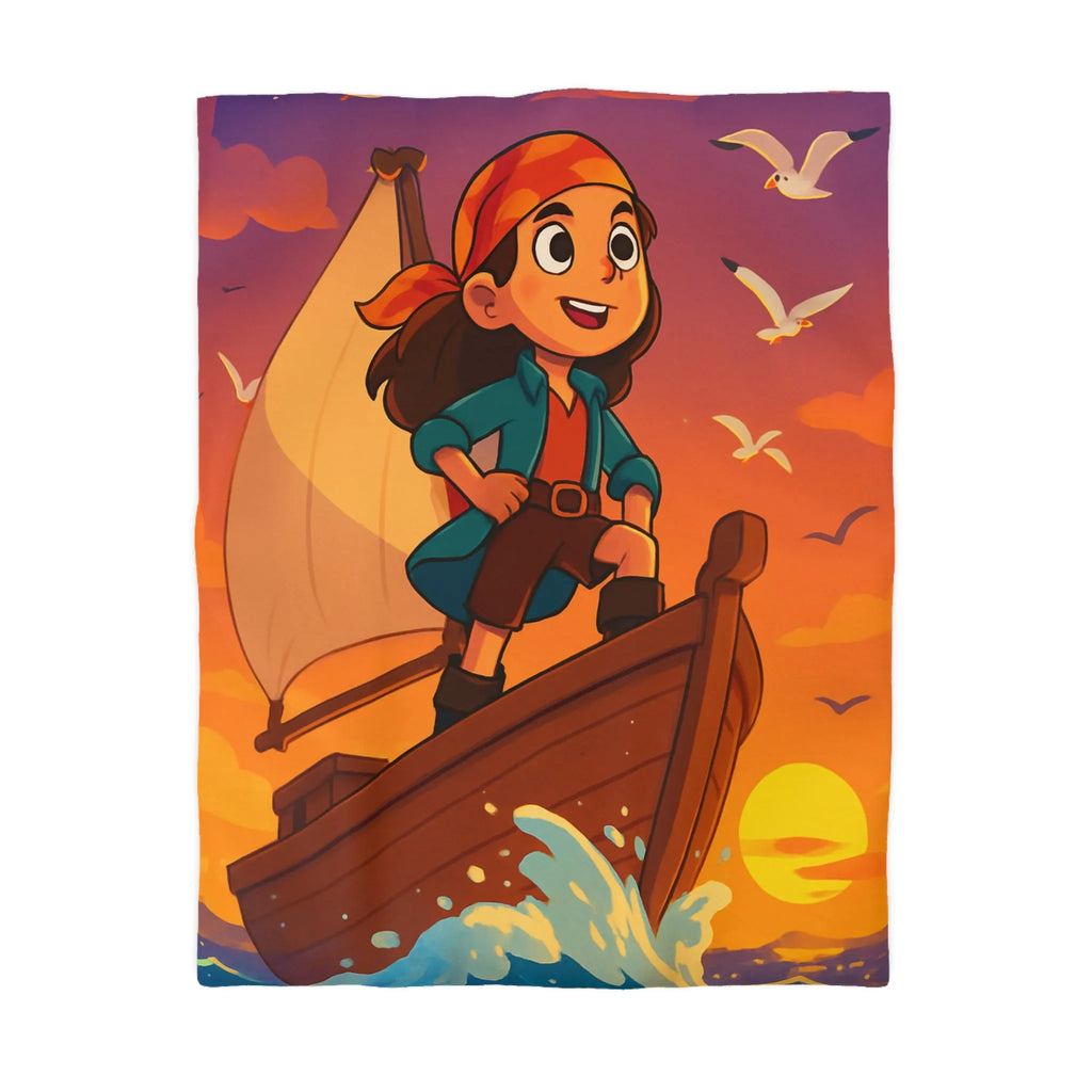 Housse de couette enfant motif pirate aventure en mer avec coucher de soleil vibrant