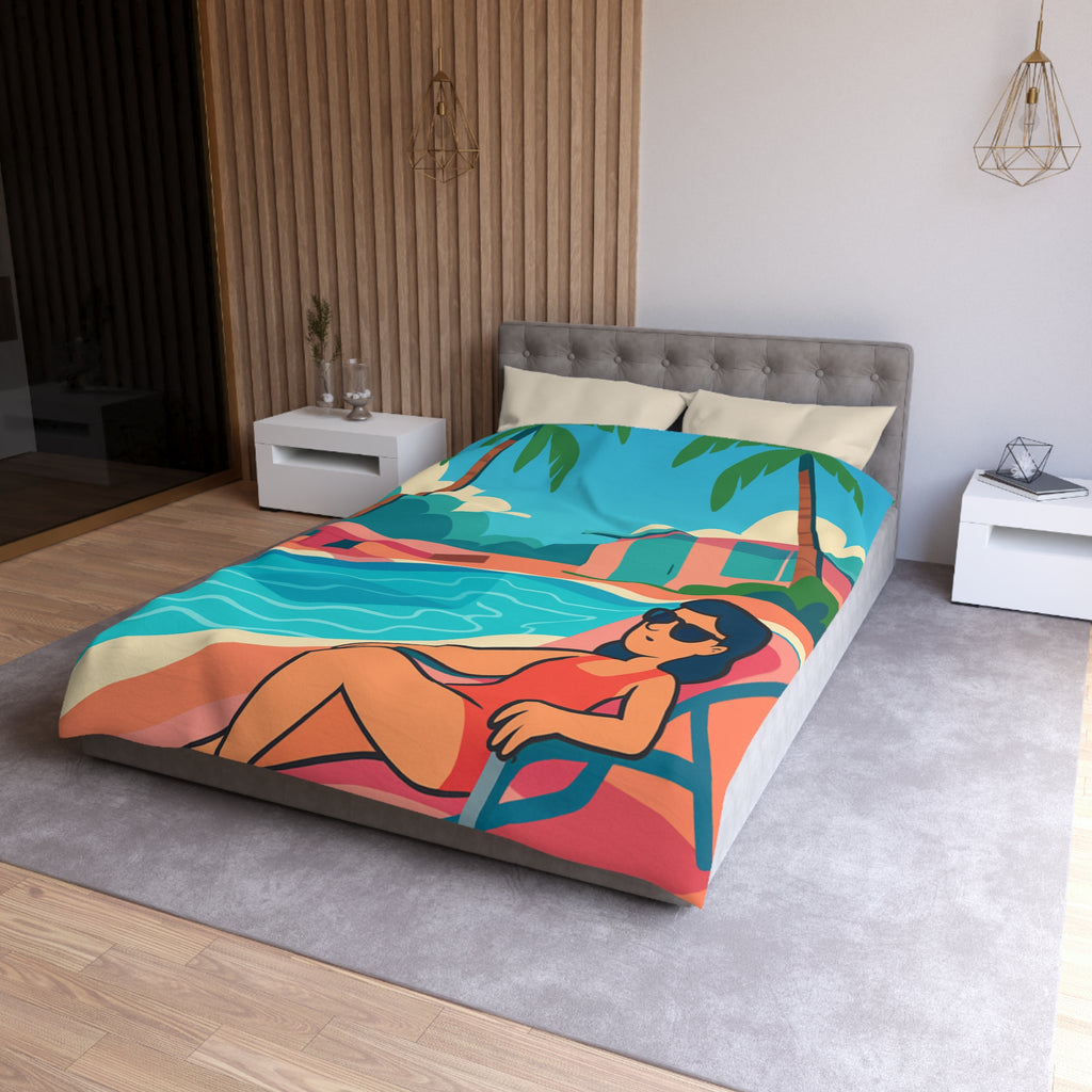 Vibrante housse de couette avec illustration de piscine et palmiers ambiance tropicale