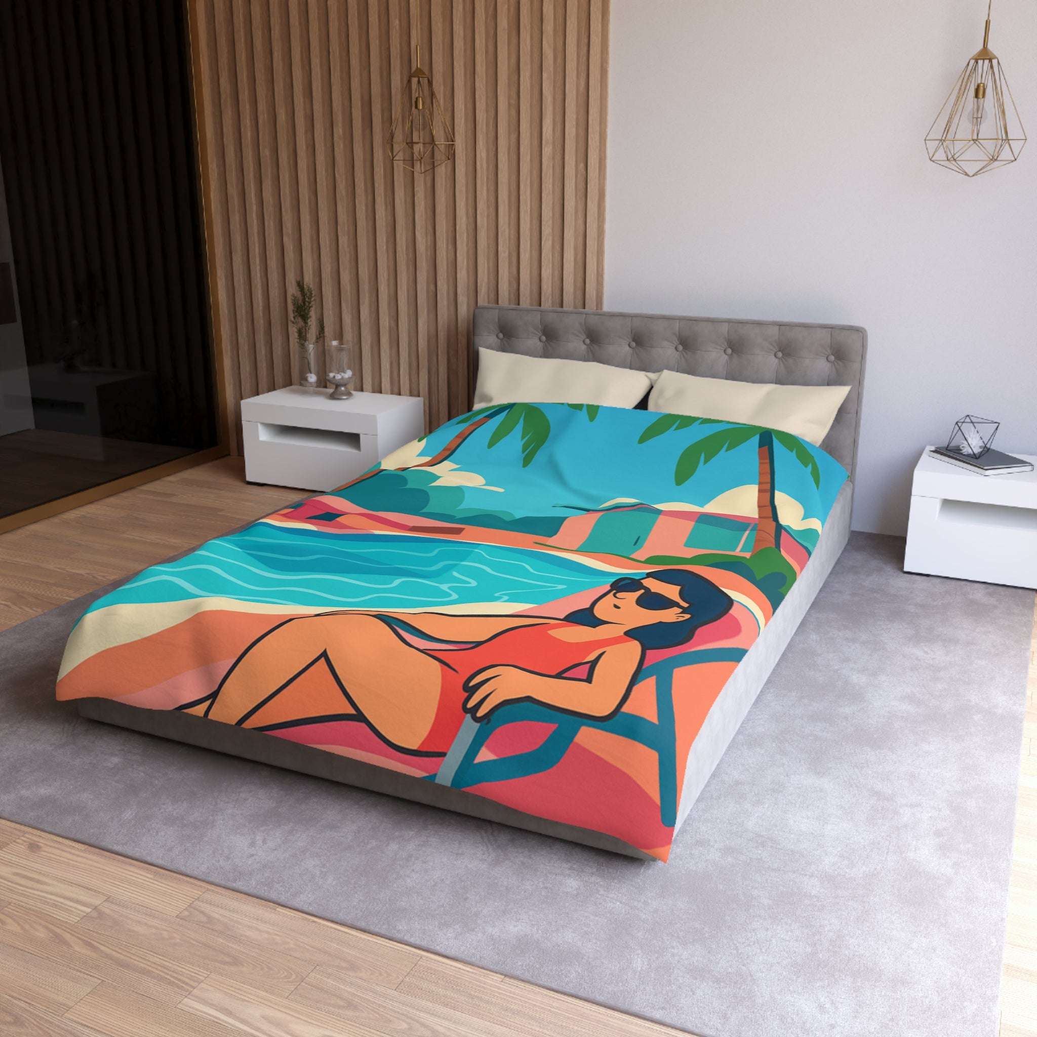 Vibrante housse de couette avec illustration de piscine et palmiers ambiance tropicale