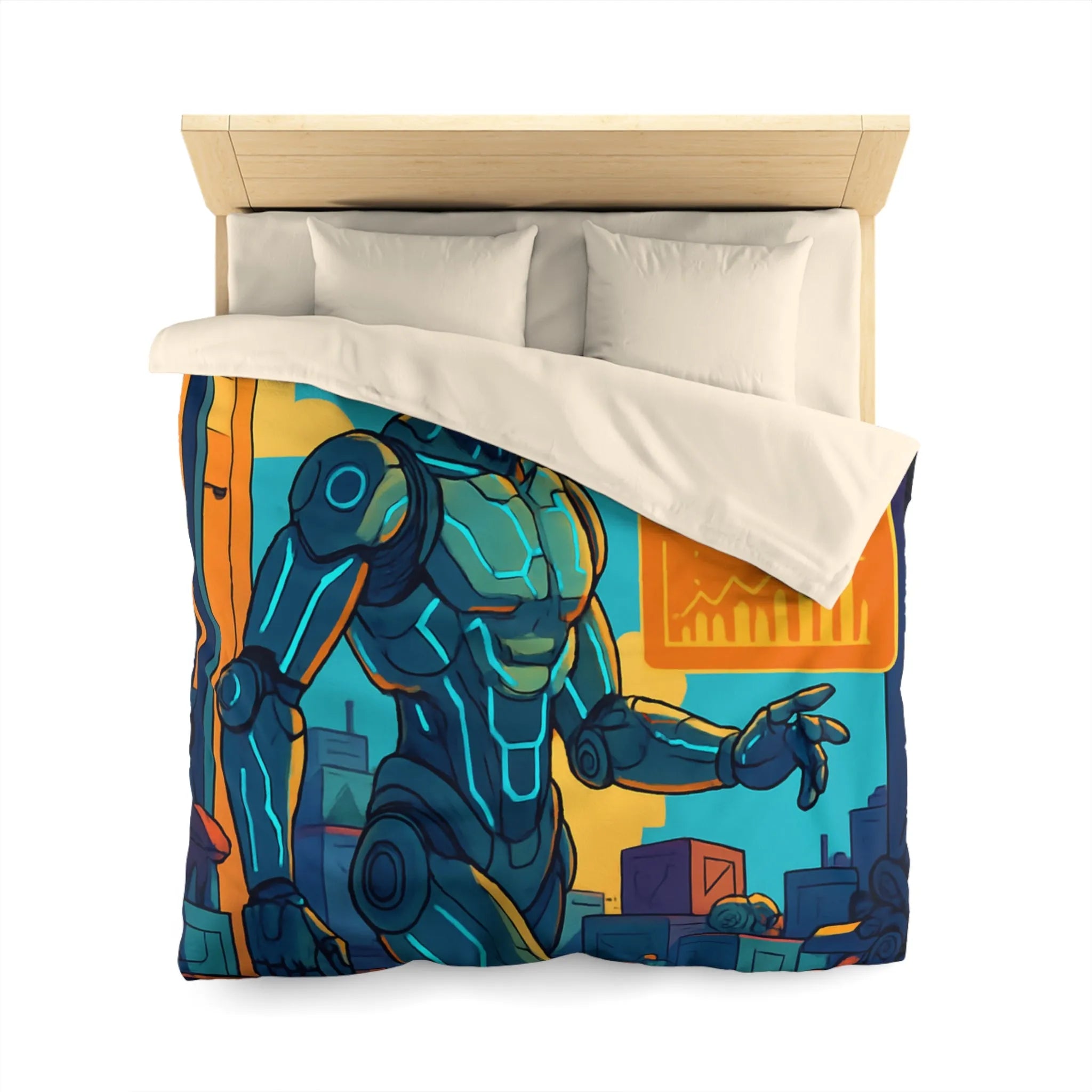 Housse de couette futuriste avec robot et drones, couleurs vives et graphiques modernes