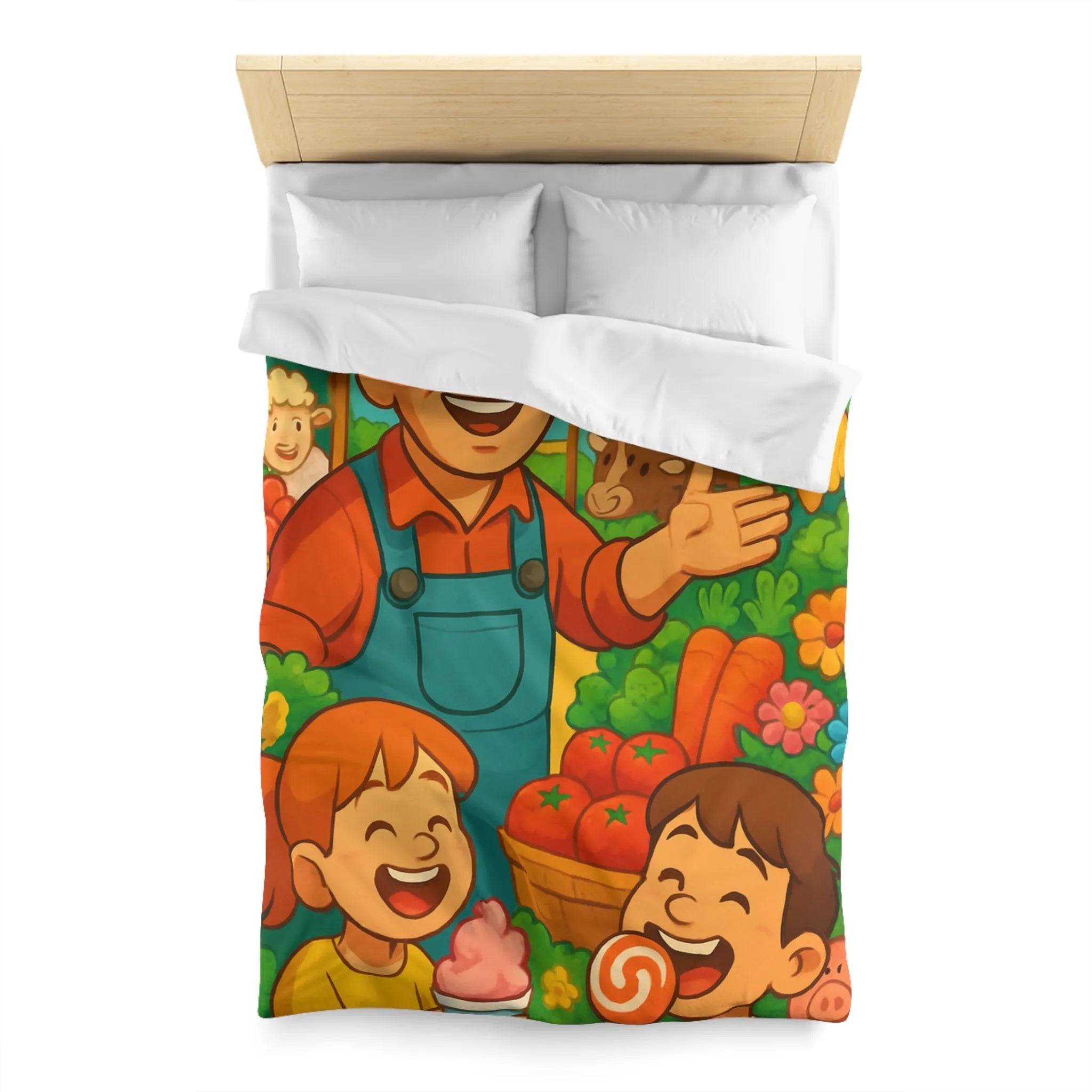 Housse de couette avec illustration joyeuse de ferme pour chambre d'enfant colorée et vivante