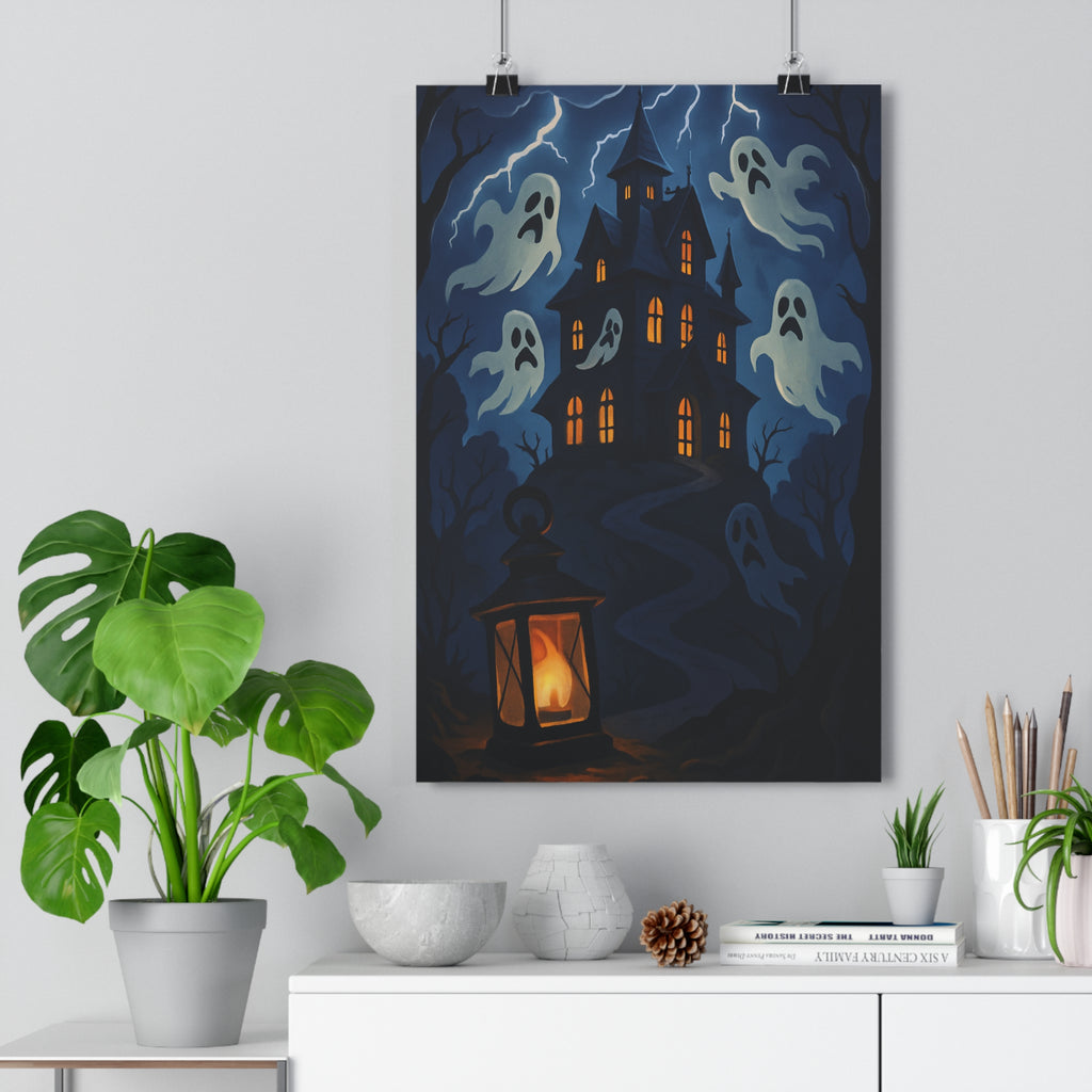 Poster décoratif gothique bleu orange mystérieux manoir fantômes salon chambre ambiance captivante unique élégant