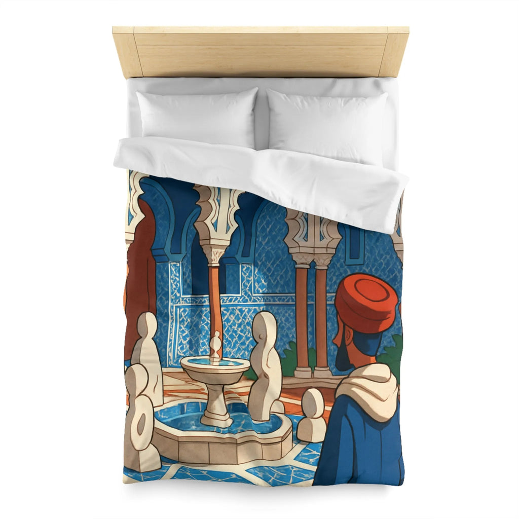 Housse de couette avec design marocain bleu, arches andalouses, fontaine et personnage paisible