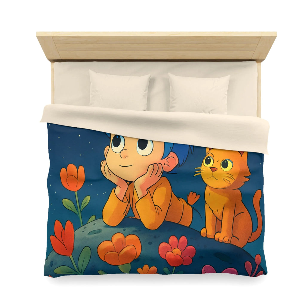 Housse de Couette Enfant Émerveillé Observant Papillons Lumineux sous Ciel Étoilé