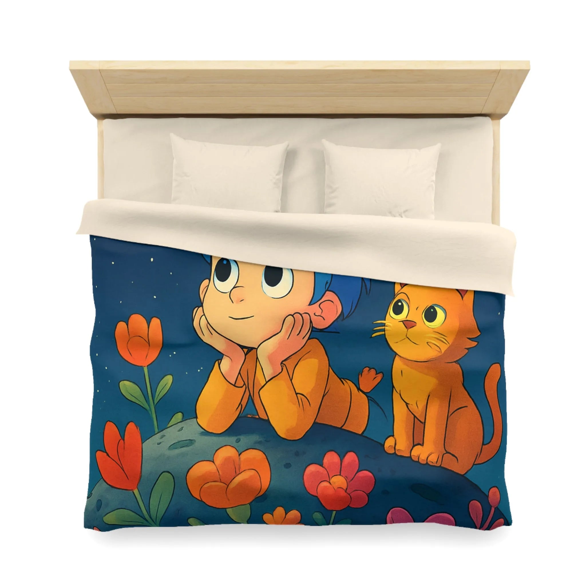 Housse de Couette Enfant Émerveillé Observant Papillons Lumineux sous Ciel Étoilé