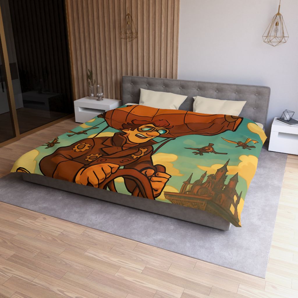 Housse de Couette Steampunk avec Ballon Dirigeable et Cité Volante dans le Ciel