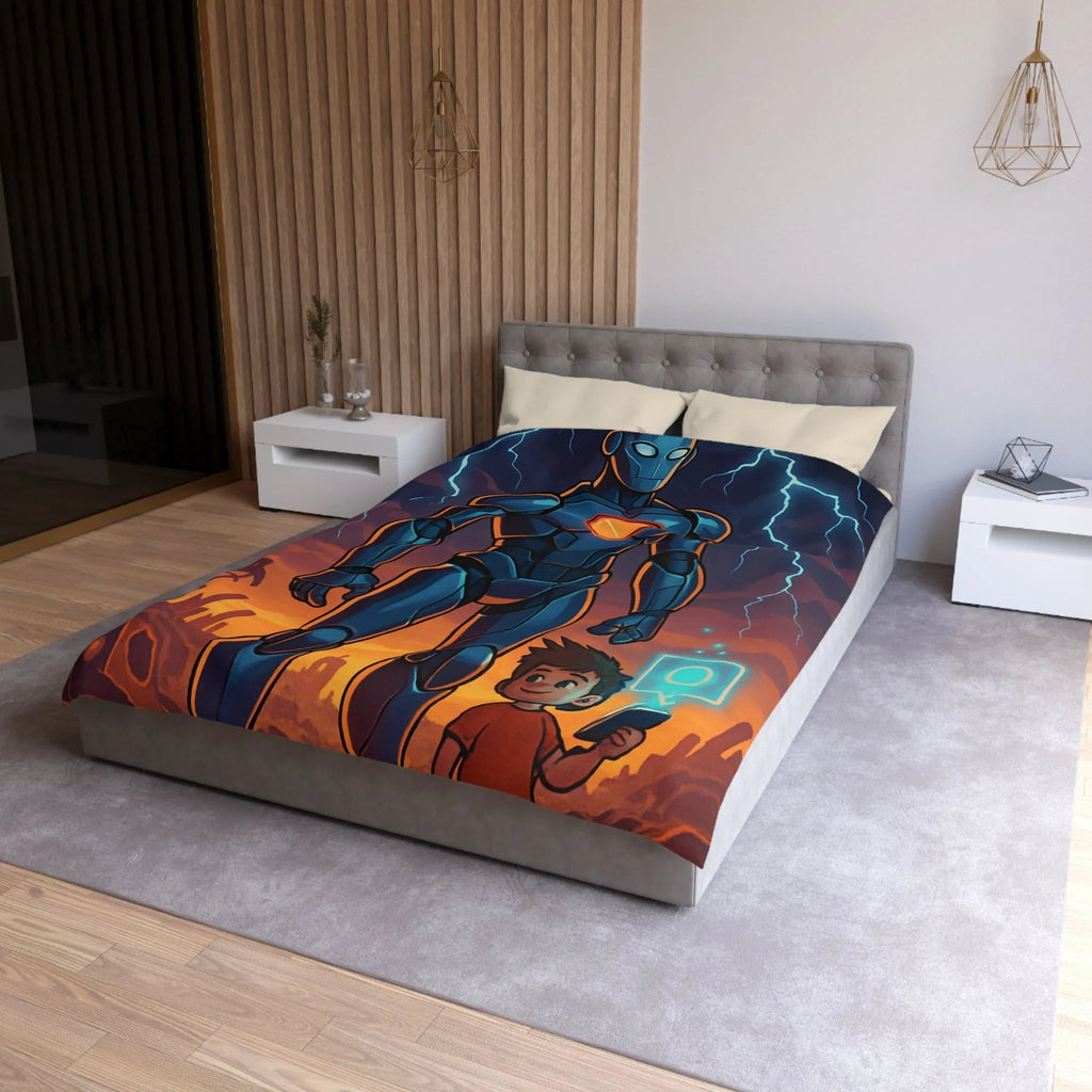 Housse de couette illustrée robot et enfant avec cœur lumineux et ciel orageux