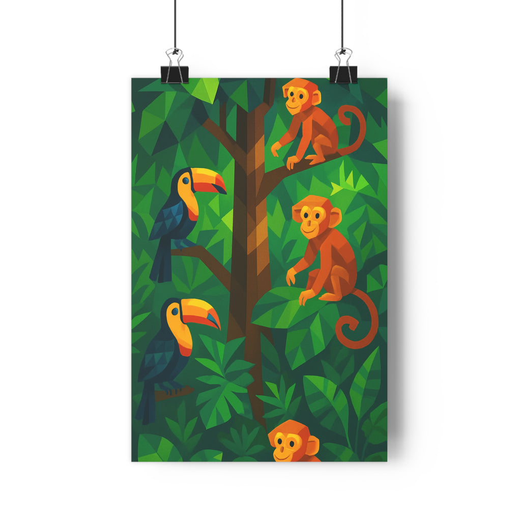 Poster décoratif jungle géométrique vert orange bleu cartoon exotique joyeux salon chambre bureau XXL