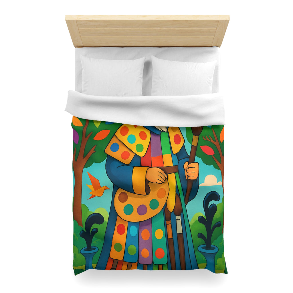 Housse de couette multicolore avec roi et oiseaux dans un jardin enchanteur