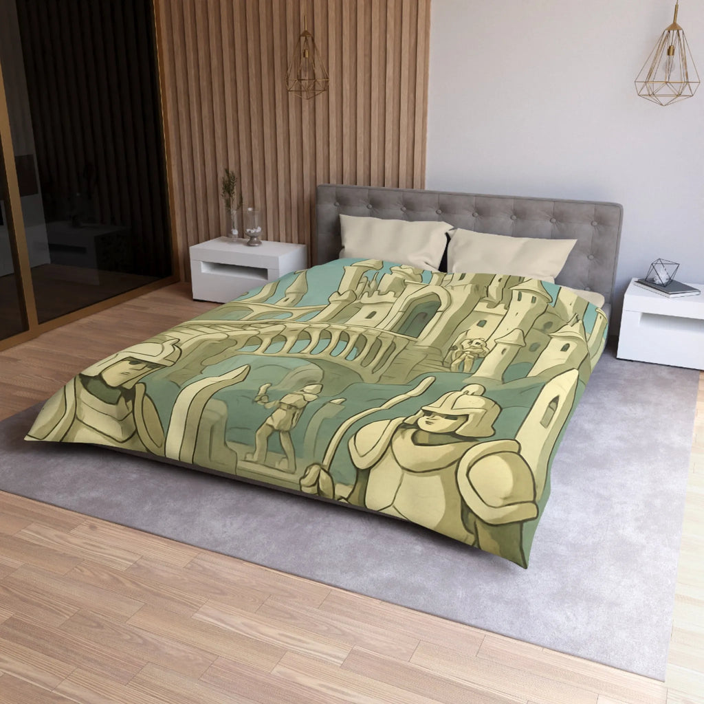 Housse de couette médiévale illustrée avec château crâne et chevaliers en armure