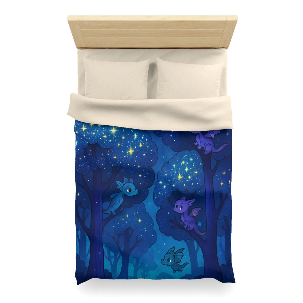 Housse de couette forêt nocturne enchantée avec dragons colorés et ciel étoilé