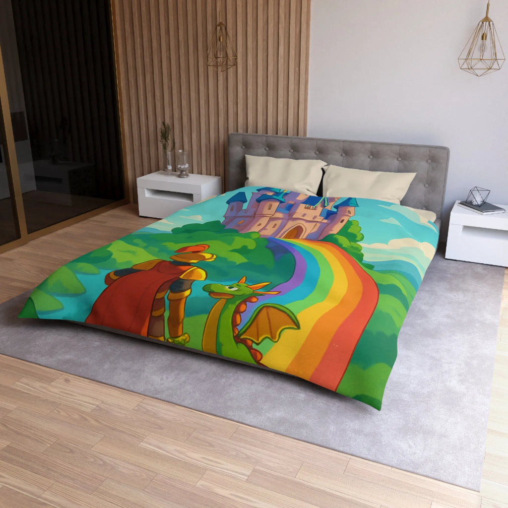 Housse de couette féérique avec chevalier, dragon et château sur arc-en-ciel magique