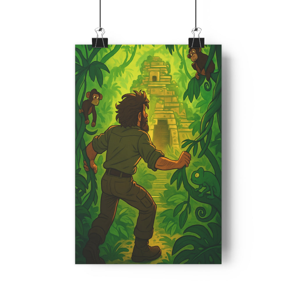 Poster décoratif jungle vibrant vert cartoon aventure explorateur enfant singes pyramide nature mur déco