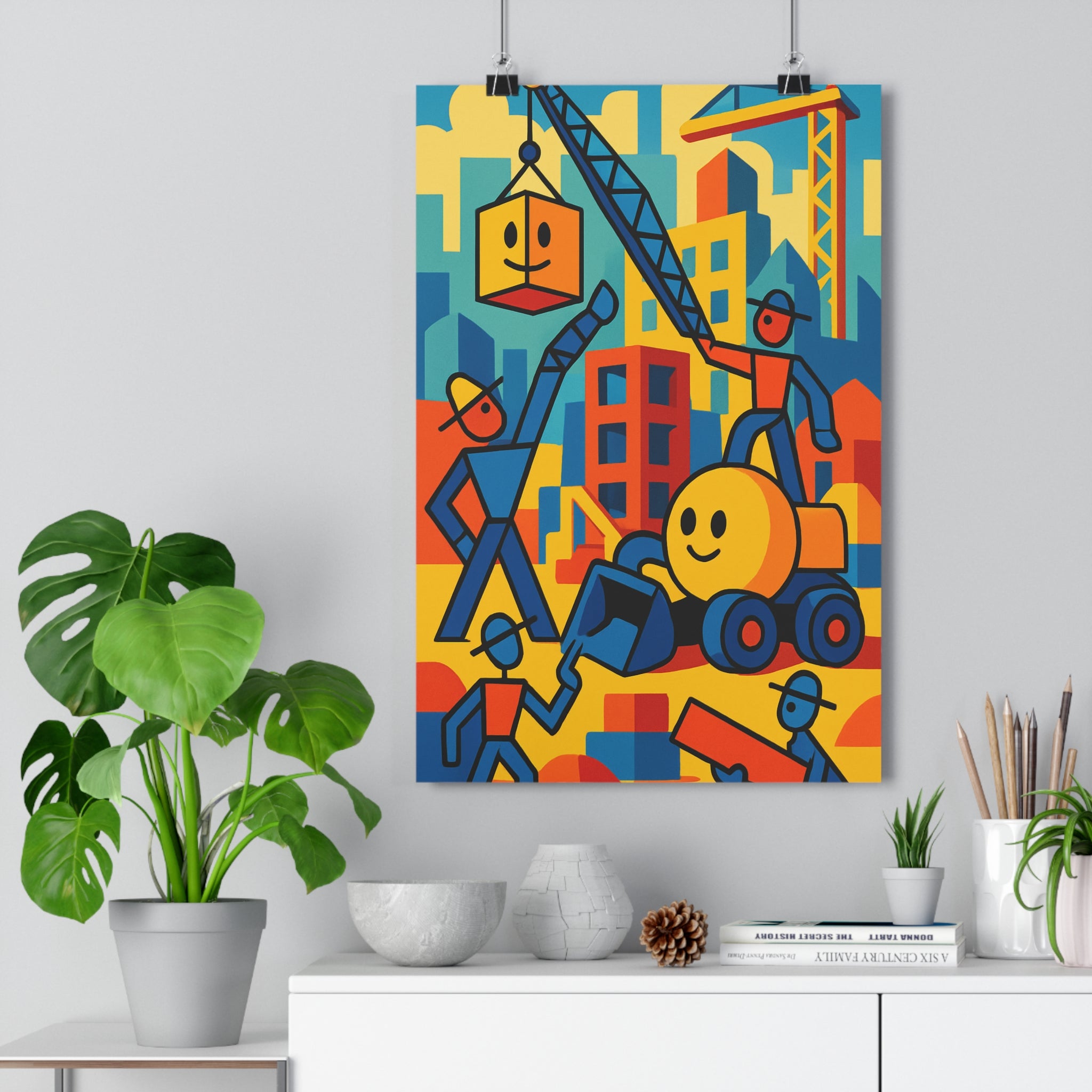Poster décoratif cartoon futuriste construction bleu jaune orange joyeux bureau chambre enfant 30x46 cm