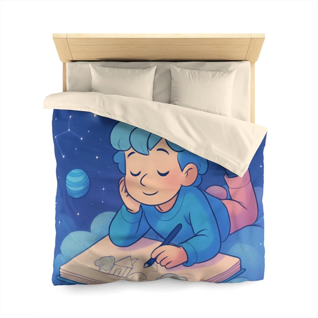 Housse de couette enfant rêve étoilé avec cosmos et garçon sur nuage