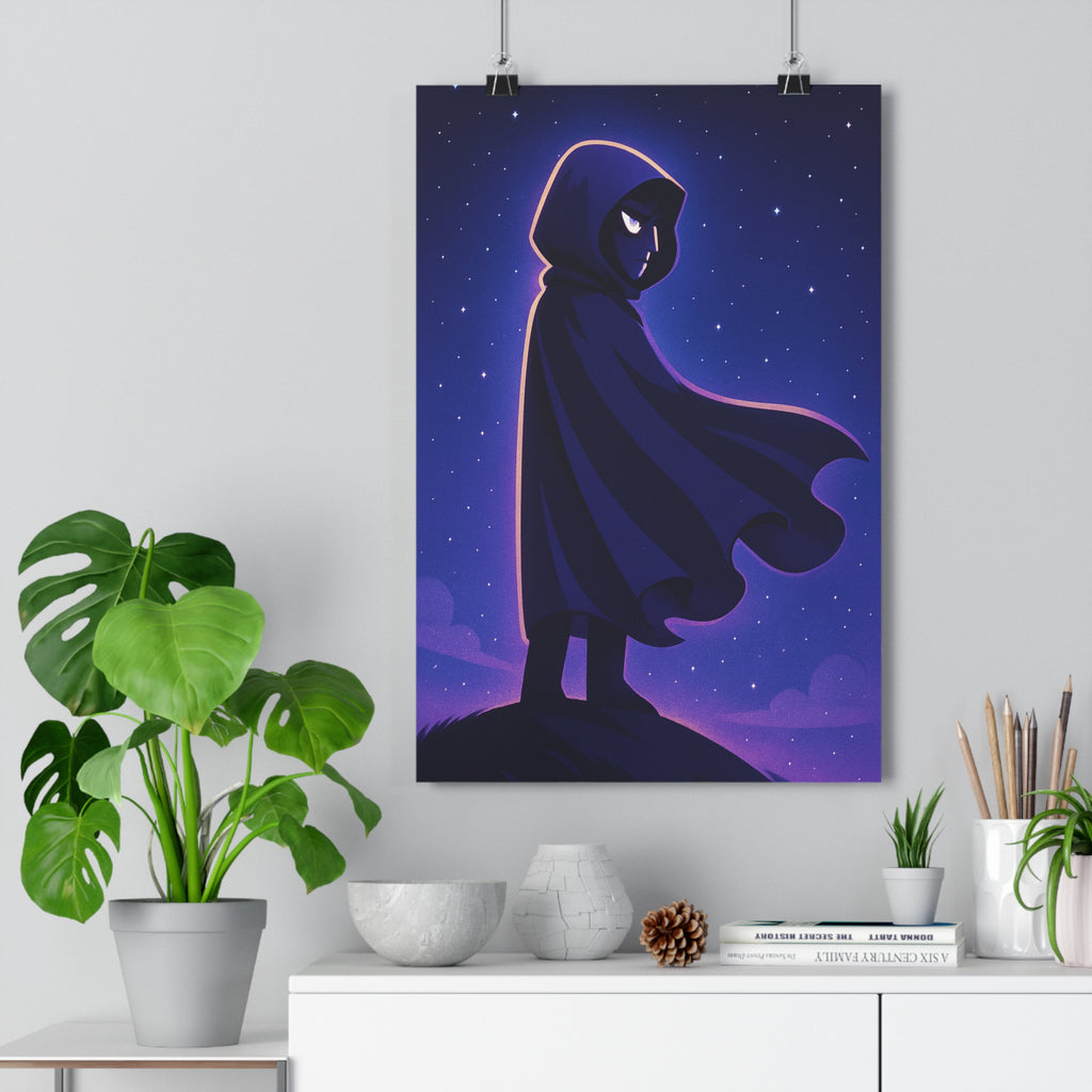 Poster décoratif silhouette mystérieuse cape ciel étoilé bleu violet cartoon mystique 30x46 cm sérénité