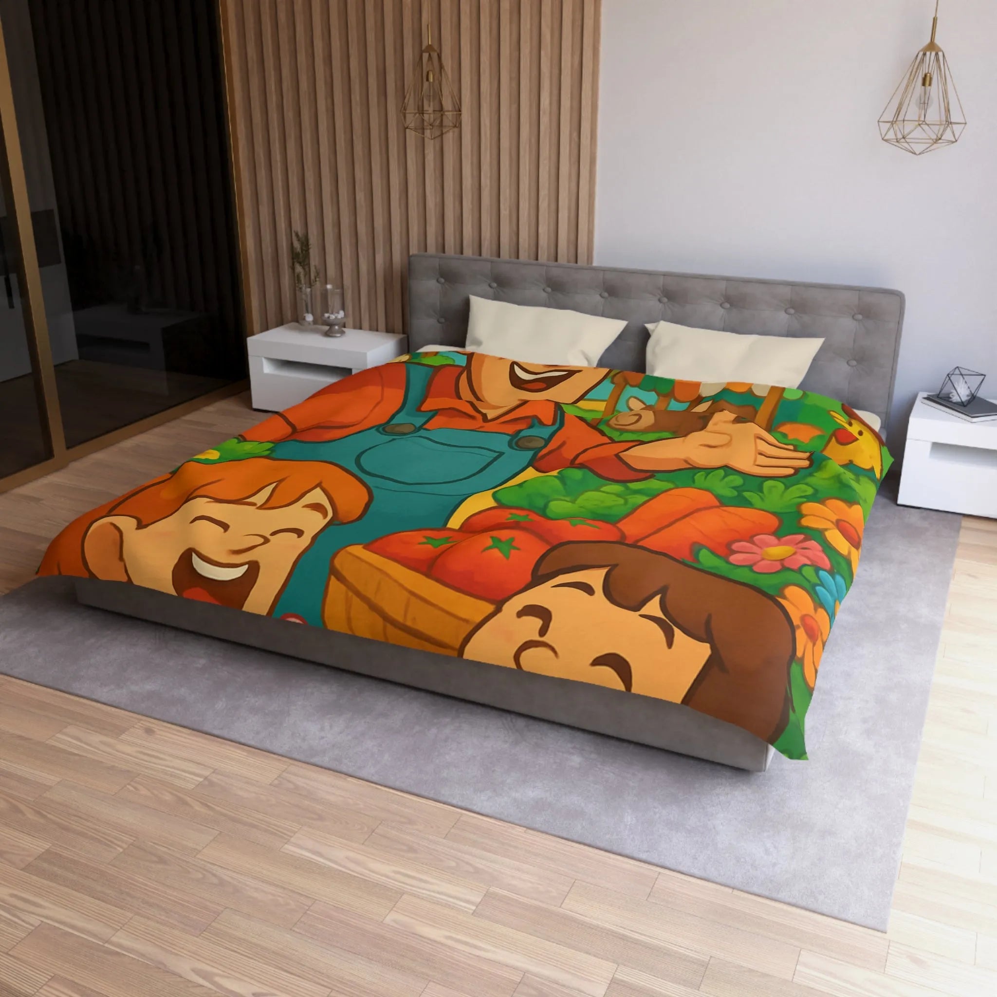 Housse de couette avec illustration joyeuse de ferme pour chambre d'enfant colorée et vivante