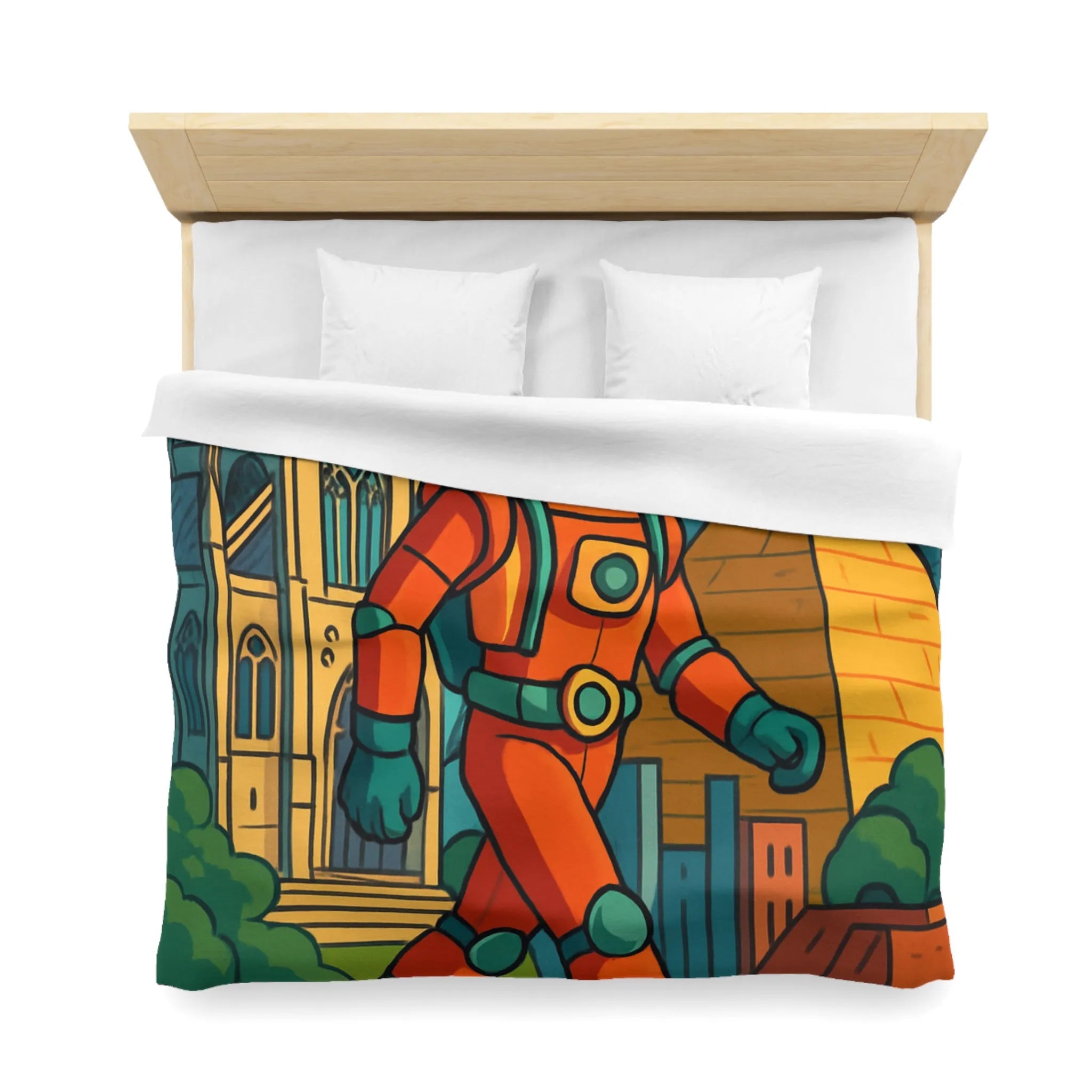 Housse de Couette Astronaute avec Paysages Urbains et Architecturaux, Couleurs Vives et Design Moderne