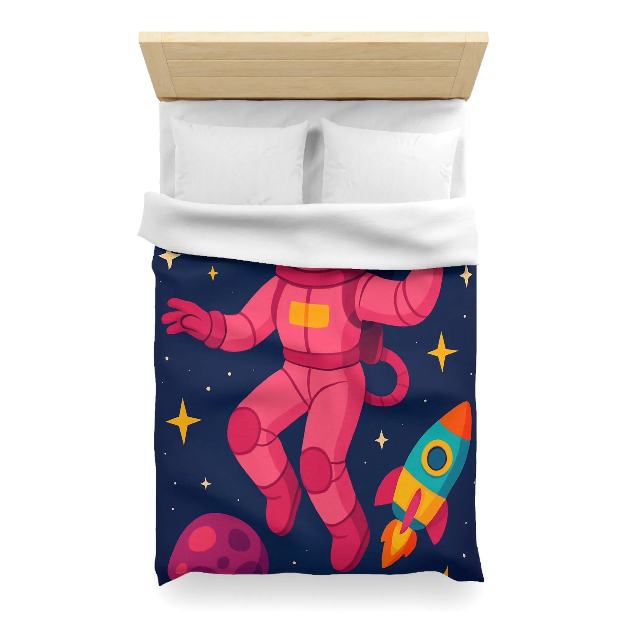 Housse de couette enfant avec astronaute rose et planètes colorées en fond spatial