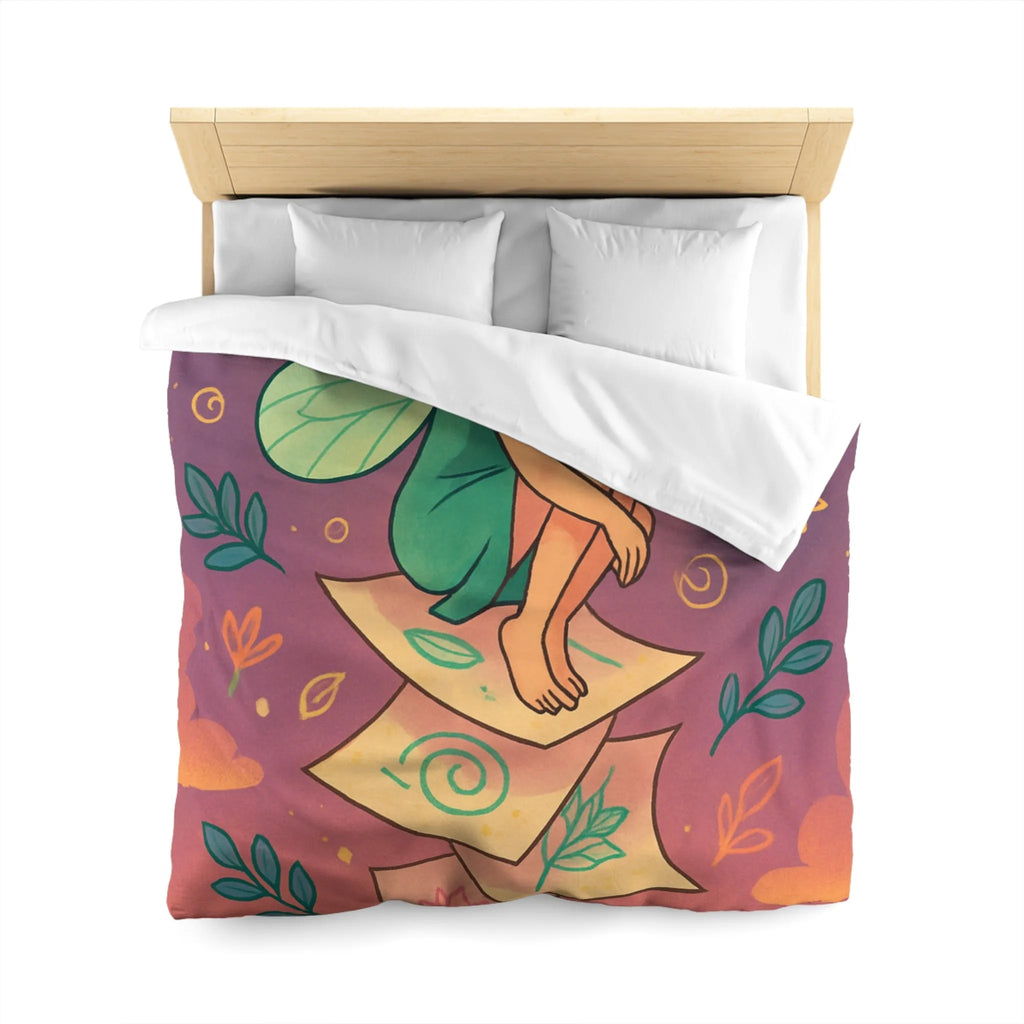 Housse de couette féerique avec fée aux ailes vertes et motifs floraux enchanteurs