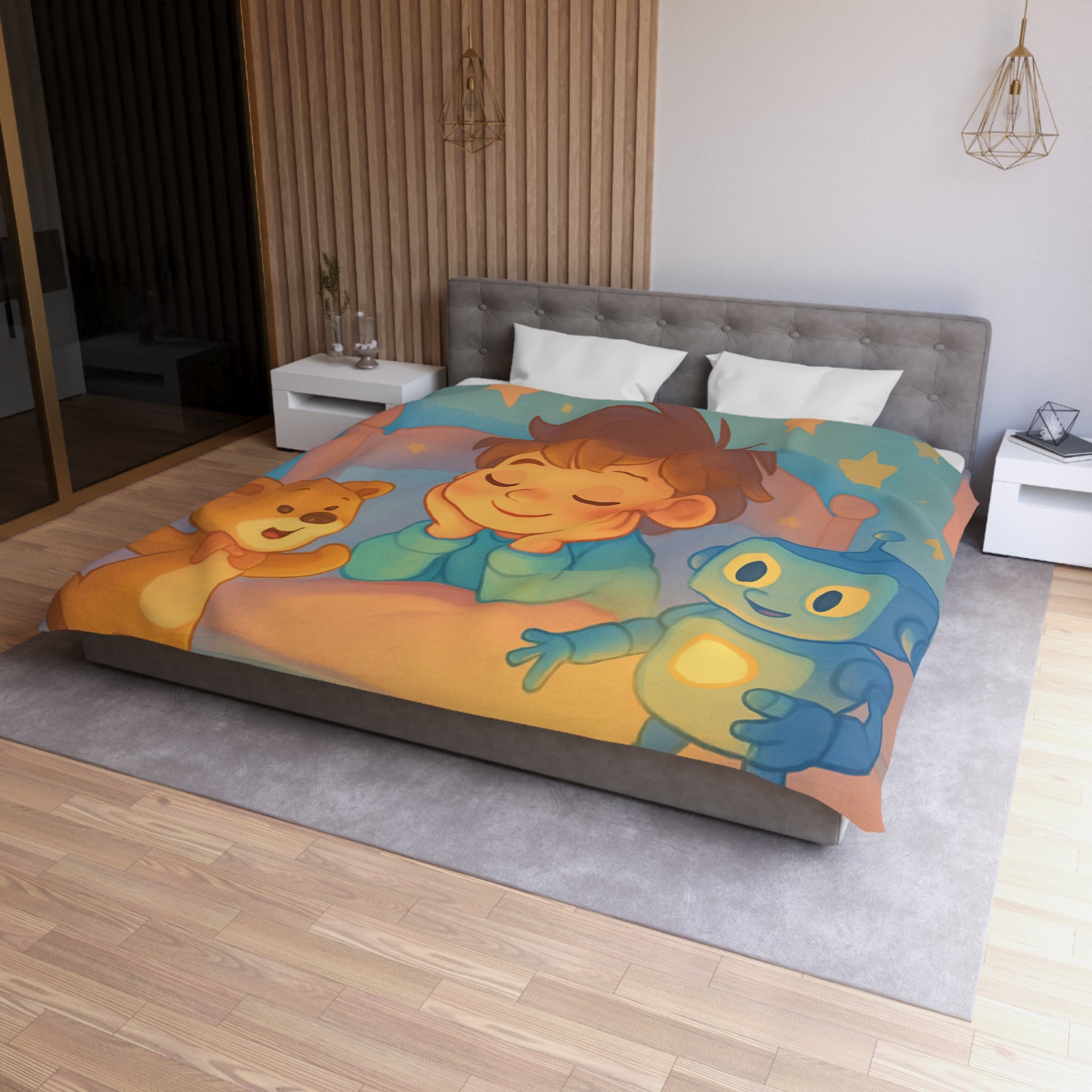 Housse pour enfants avec ourson, robot et train sur fond étoilé et lunaire