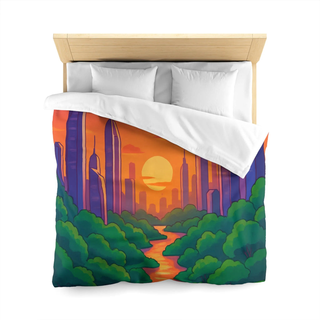 Housse de couette avec illustration urbaine et naturelle au coucher du soleil envoûtant