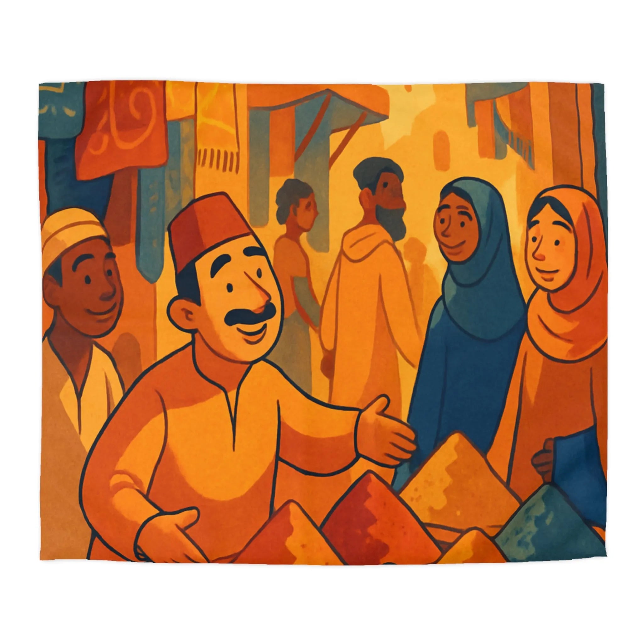 Housse de couette avec scène de marché colorée inspirée de l'art oriental chaleureux