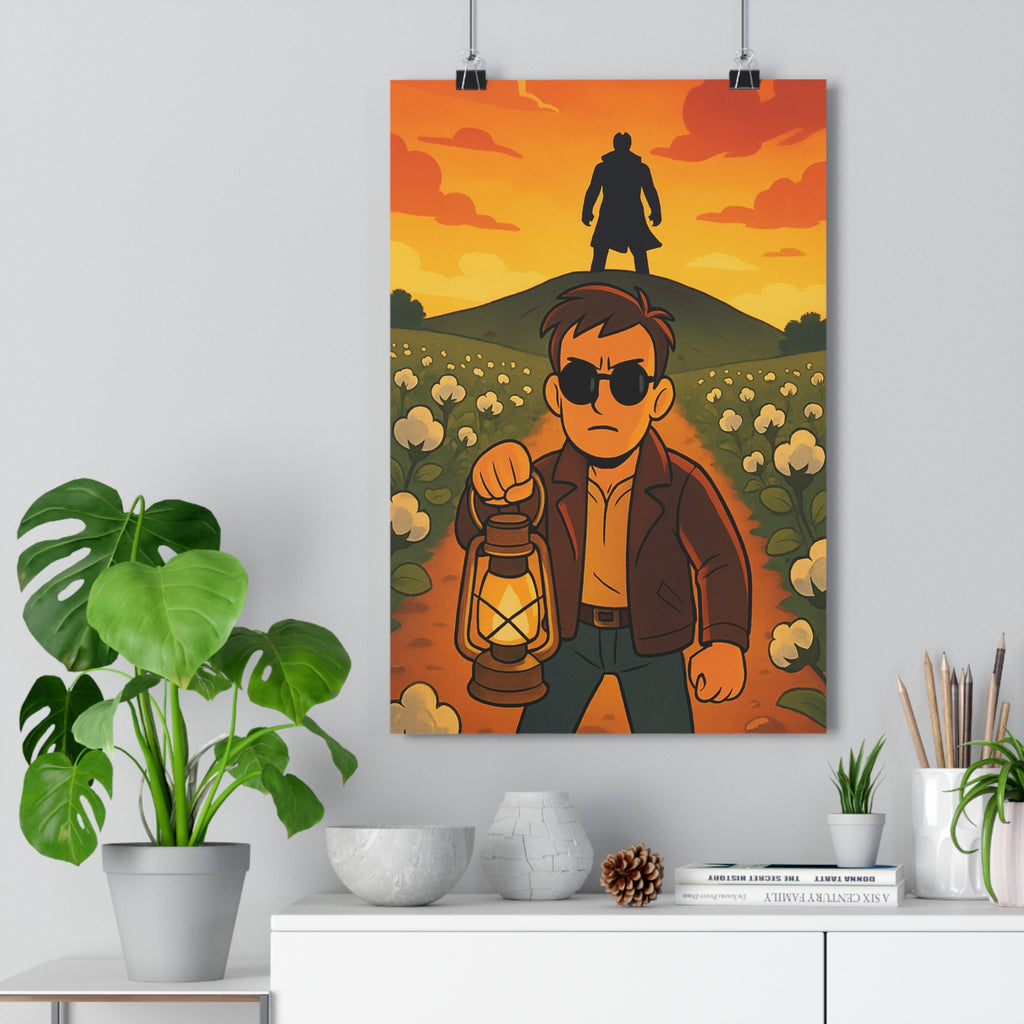 Poster décoratif anime orange aventure silhouette imposante salon bureau chambre inspiration lanterne colline qualité