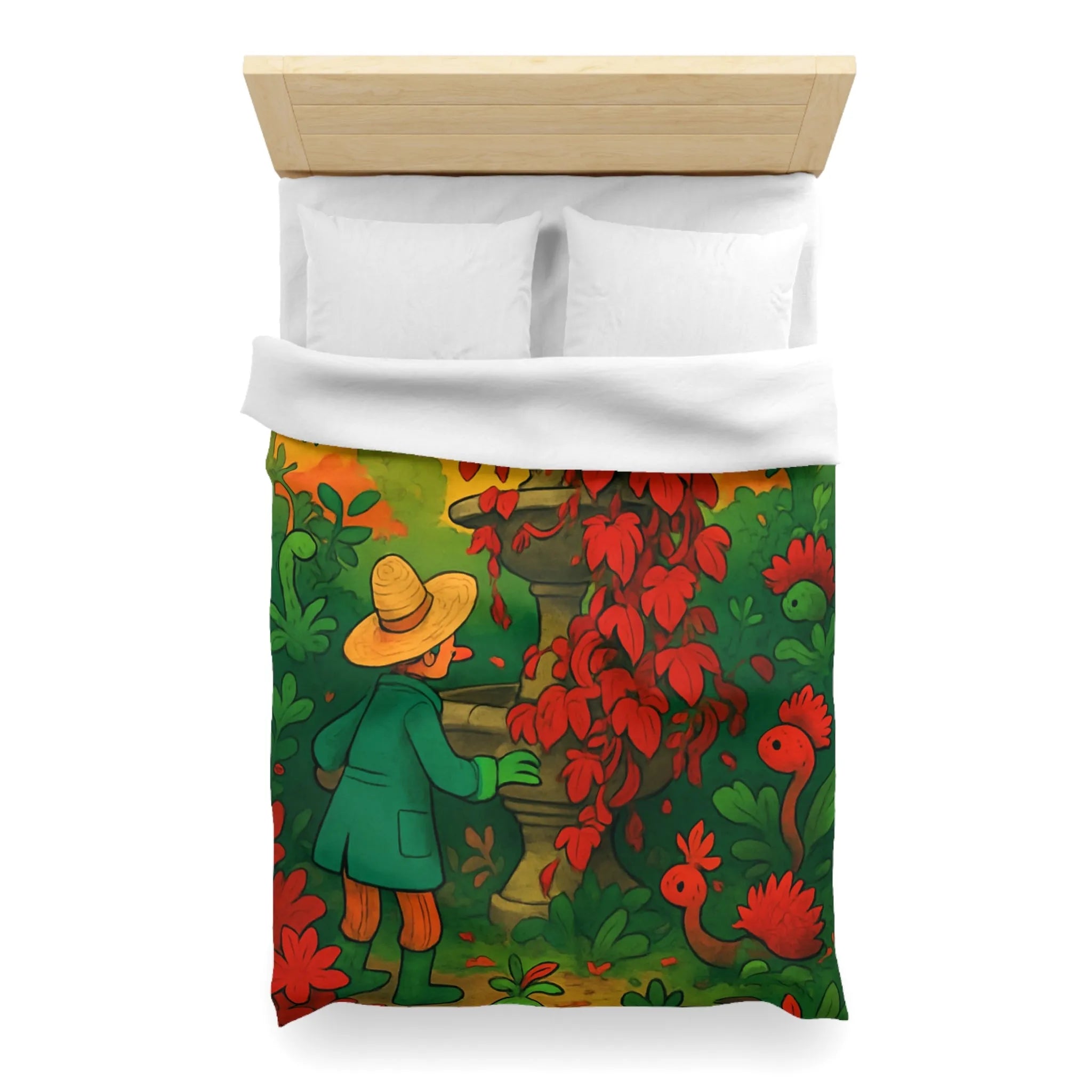 Housse de couette jardin enchanté avec fontaine et fleurs rouges pour chambre colorée