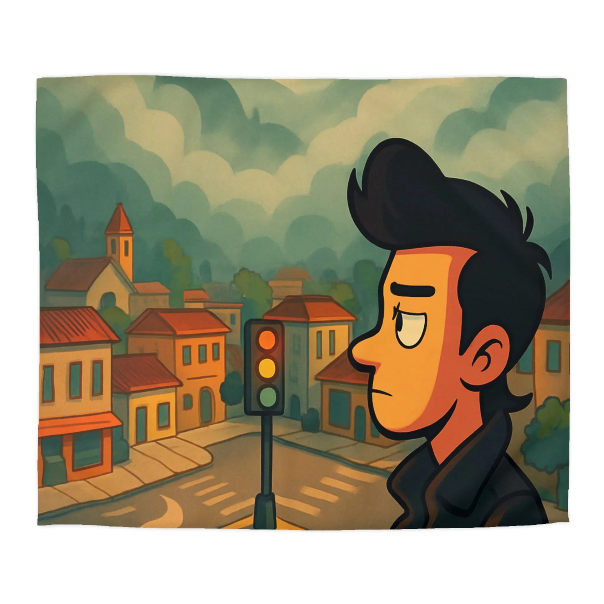 Housse de couette illustrée avec homme pensif, village pittoresque et montagnes apaisantes