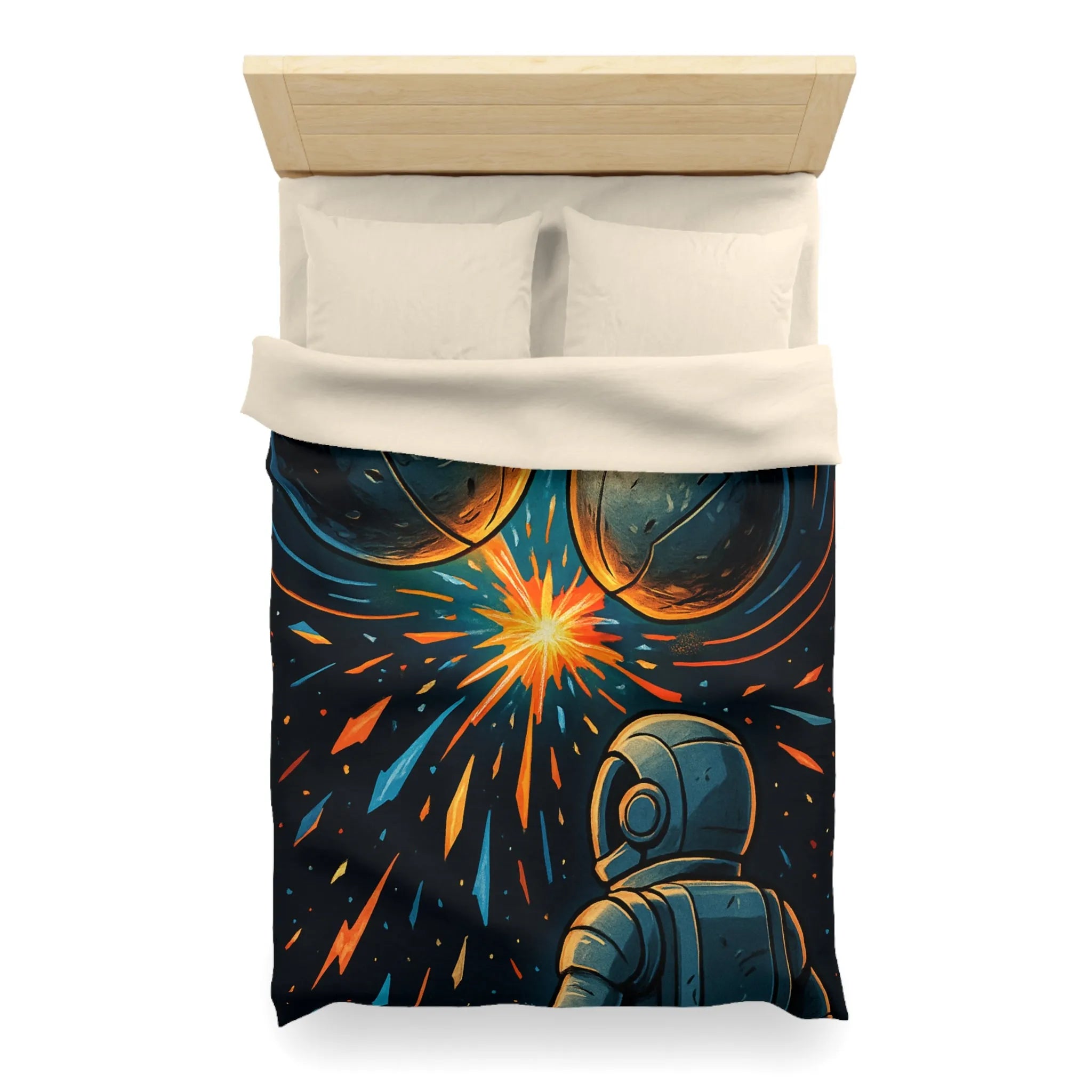 Décorative housse de couette espace cosmique avec astronaute et sphères lumineuses métalliques