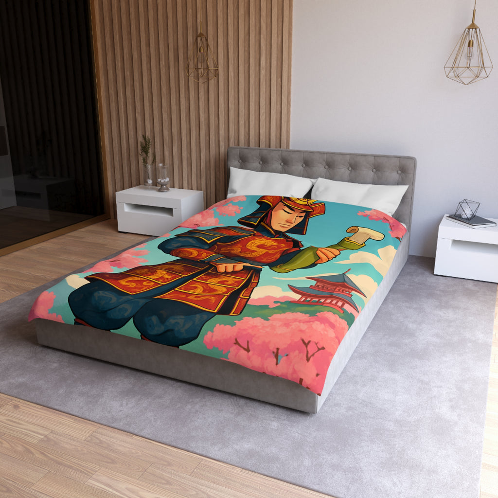 Housse de Couette Samouraï Japonais avec Armure Traditionnelle et Cerisiers en Fleurs