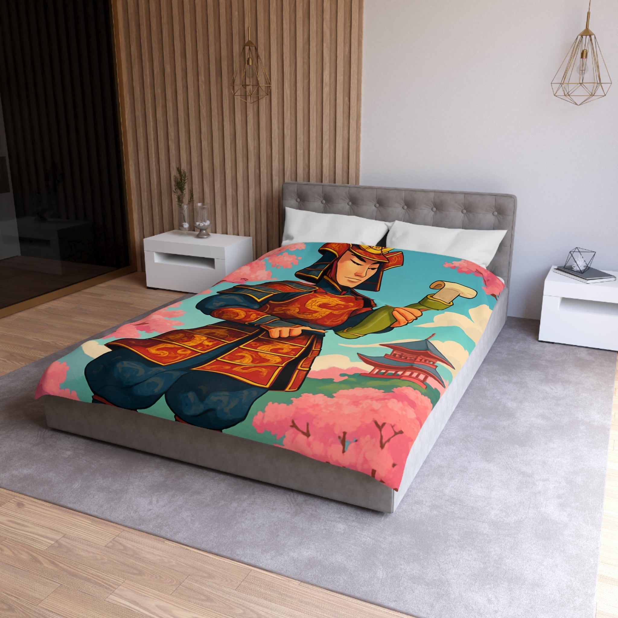 Housse de Couette Samouraï Japonais avec Armure Traditionnelle et Cerisiers en Fleurs