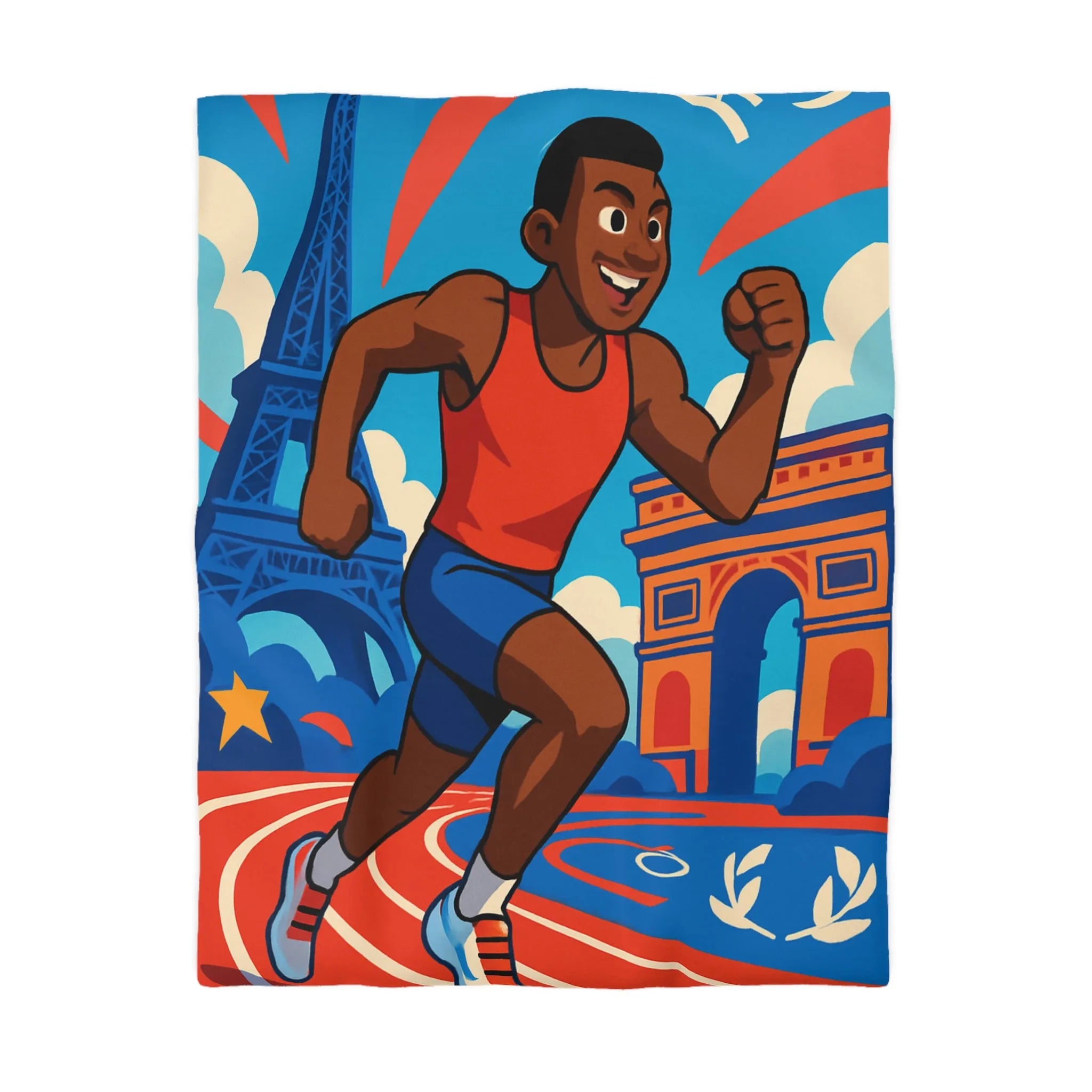 Couverture de lit sportive avec athlète vibrant et monuments emblématiques pour chambre dynamique