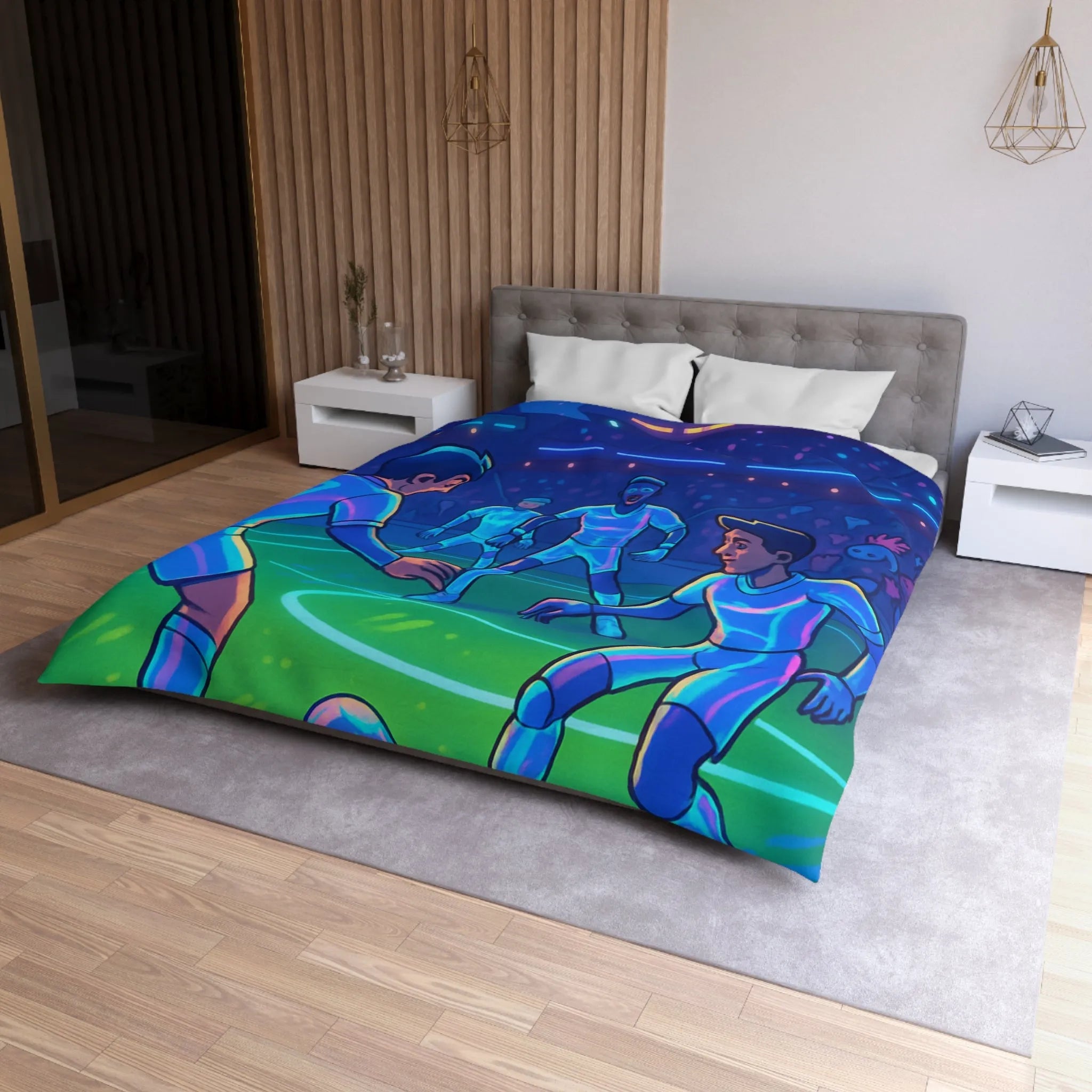 Housse de Couette de Football Futuriste avec Joueurs et Public dans un Stade Éclairé