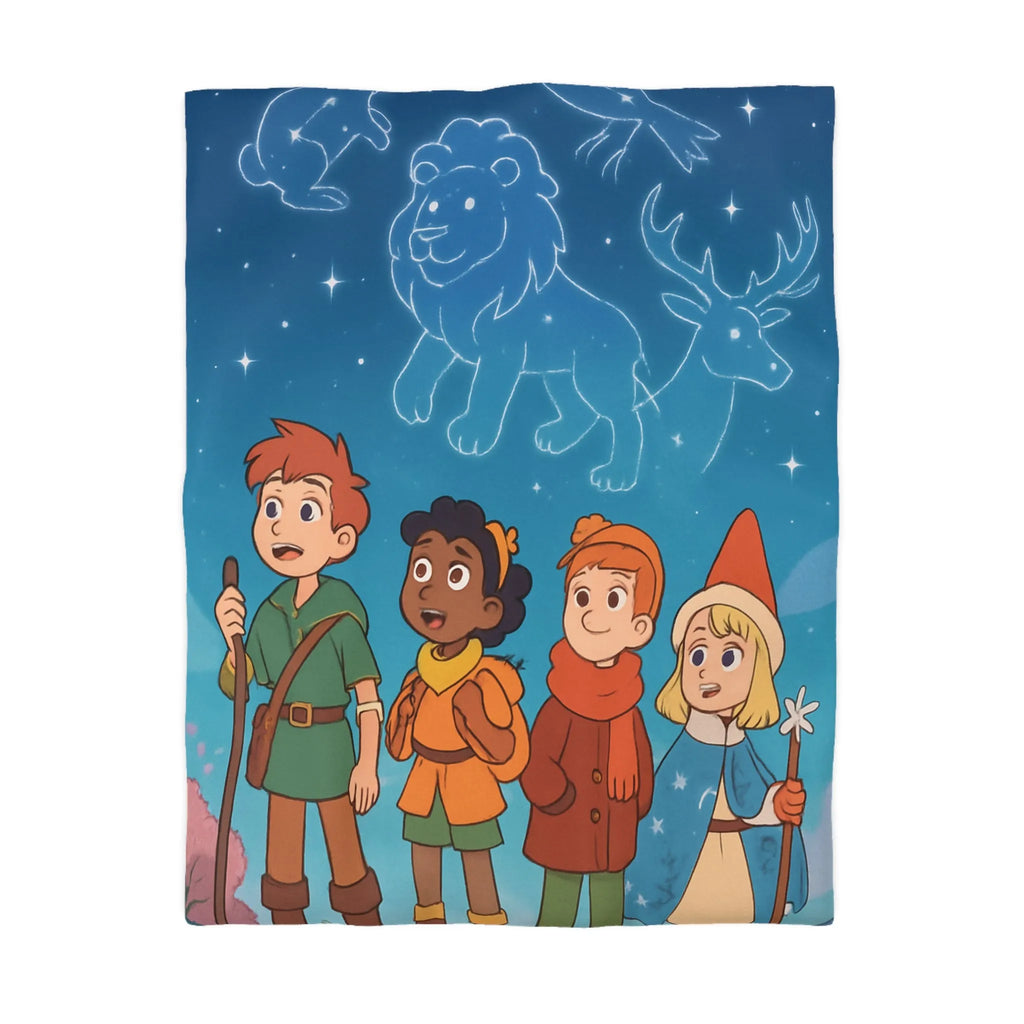 Housse de couette colorée avec enfants aventuriers et constellations nuit étoilée