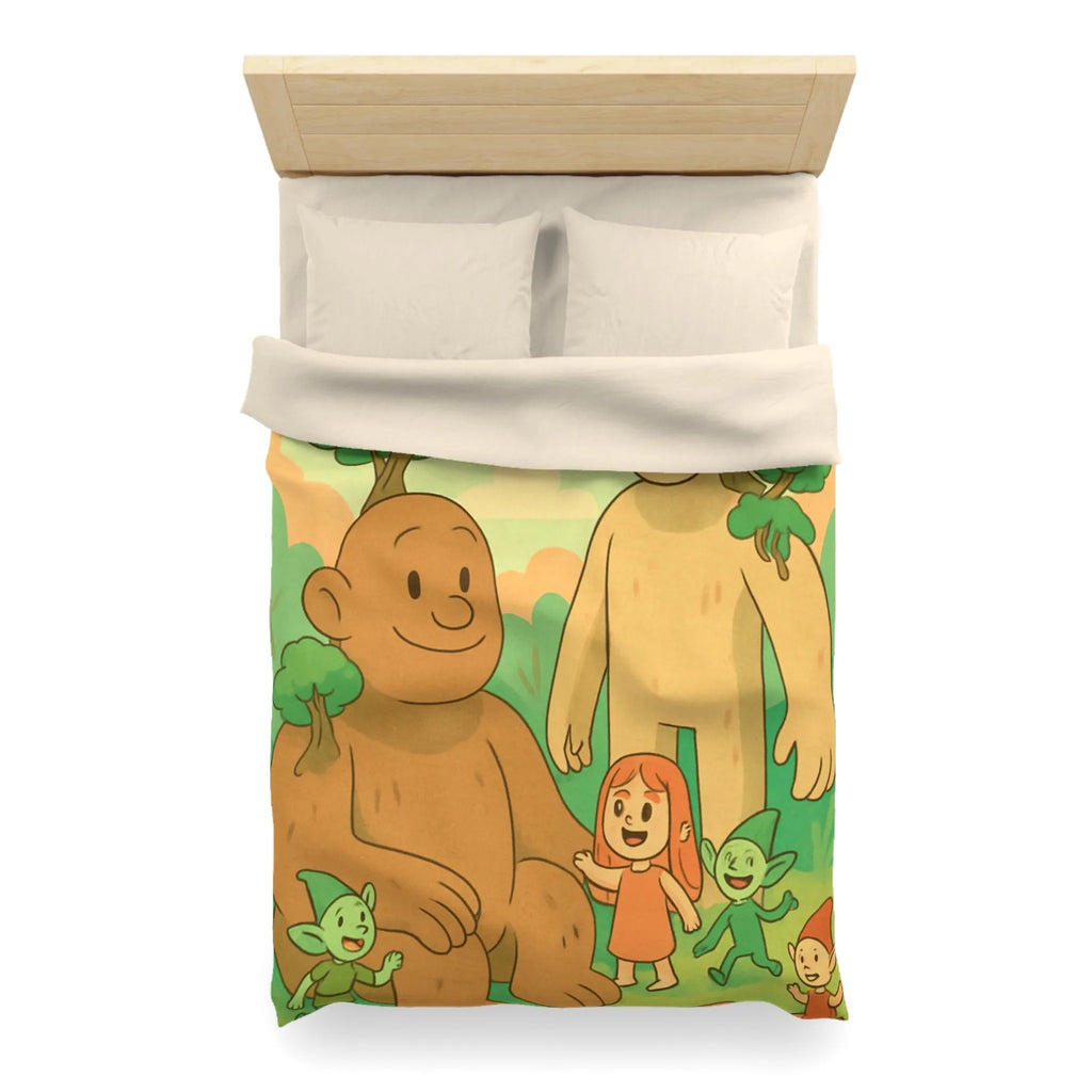 Housse de couette fantastique avec géants arborés et lutins dans une forêt enchantée