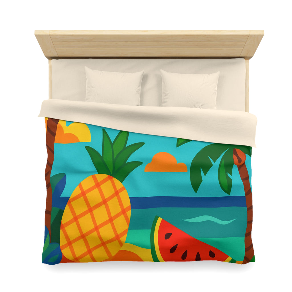 Housse de couette tropicale colorée avec fruits exotiques et oiseaux vibrants sur la plage