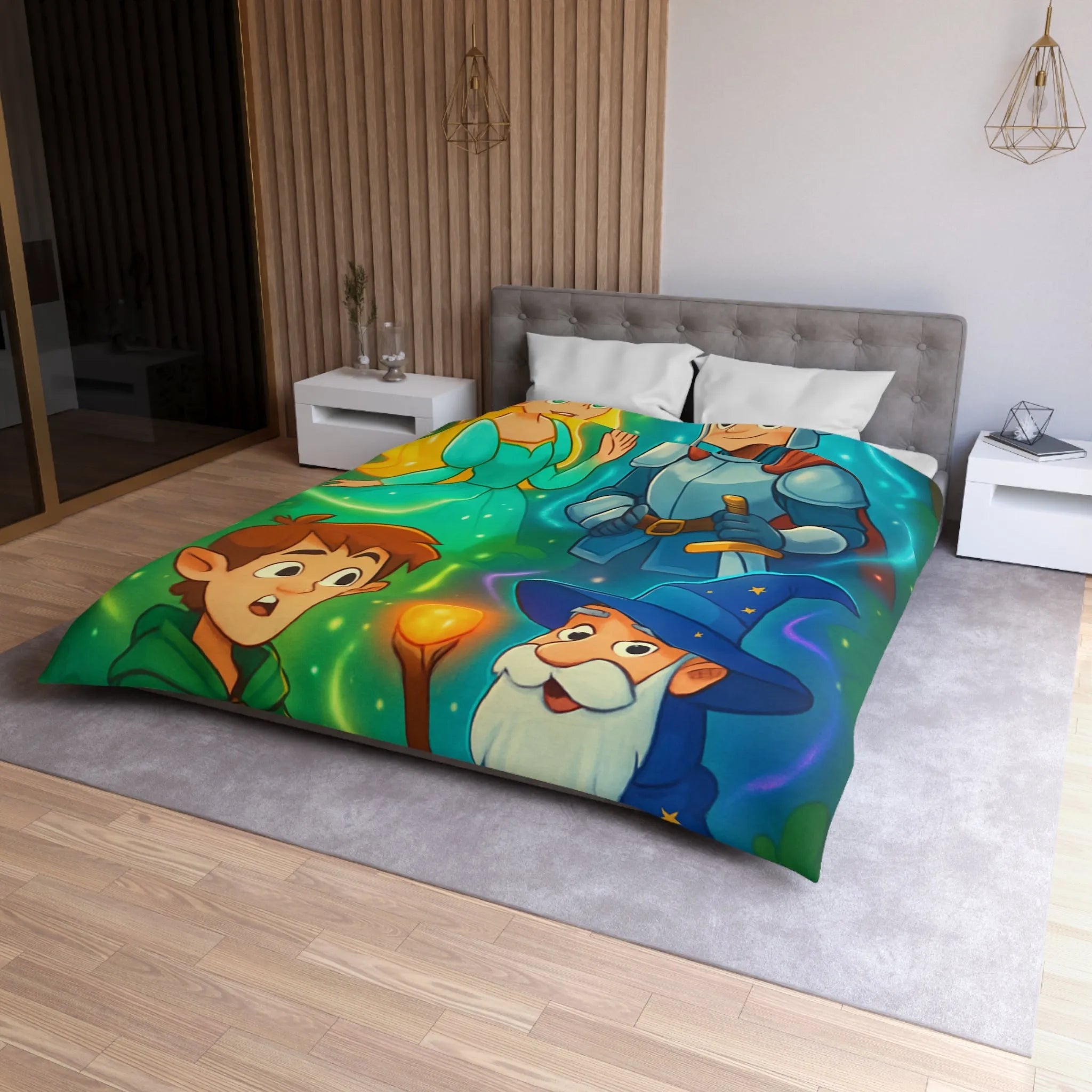 Housse de couette avec chevalier, magicien, princesse et elfes pour chambre enfant