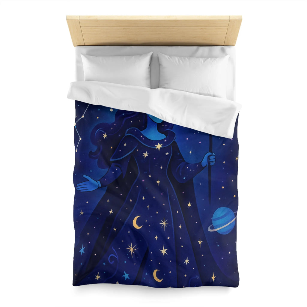 Housse de couette illustration déesse cosmique étoiles lune mystique bleu nuit magique